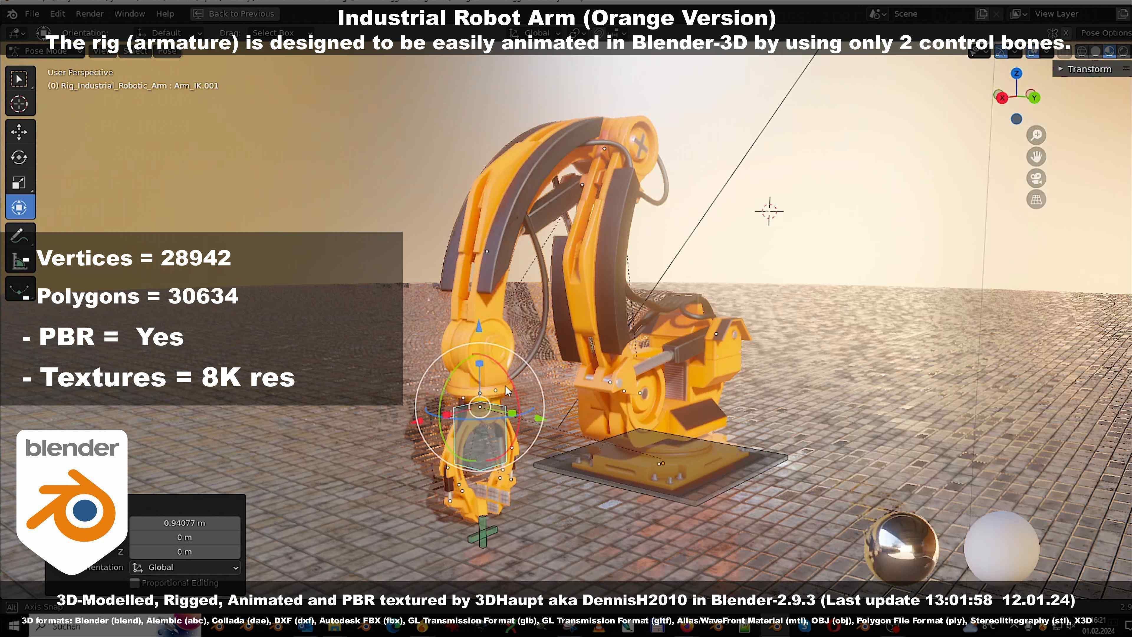 Rigged Industrial Robot Arm Orange Version Low-poly 3D model_69