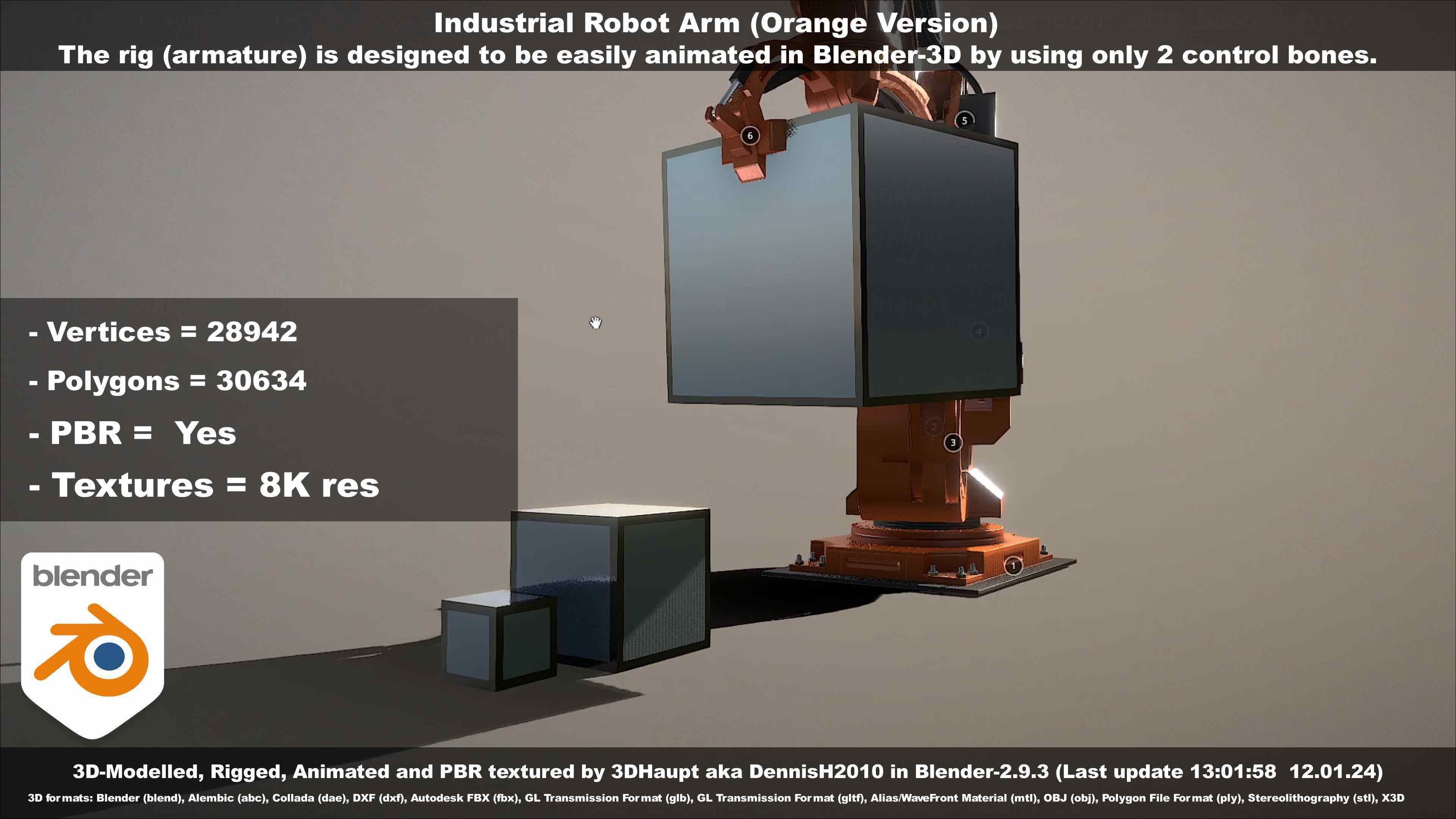 Rigged Industrial Robot Arm Orange Version Low-poly 3D model_133