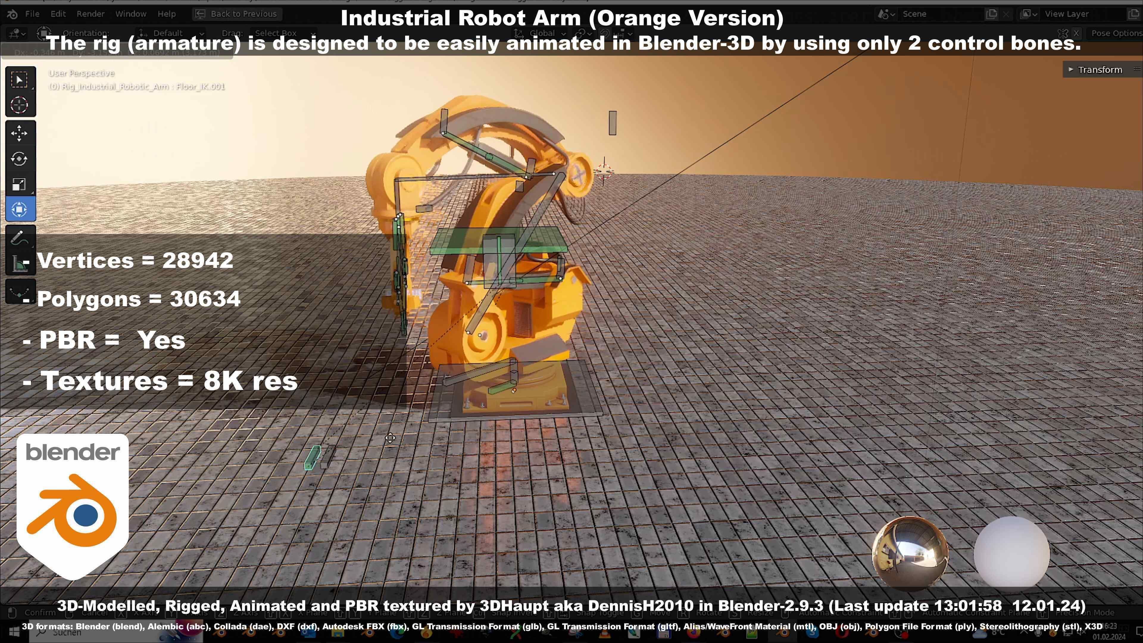 Rigged Industrial Robot Arm Orange Version Low-poly 3D model_47