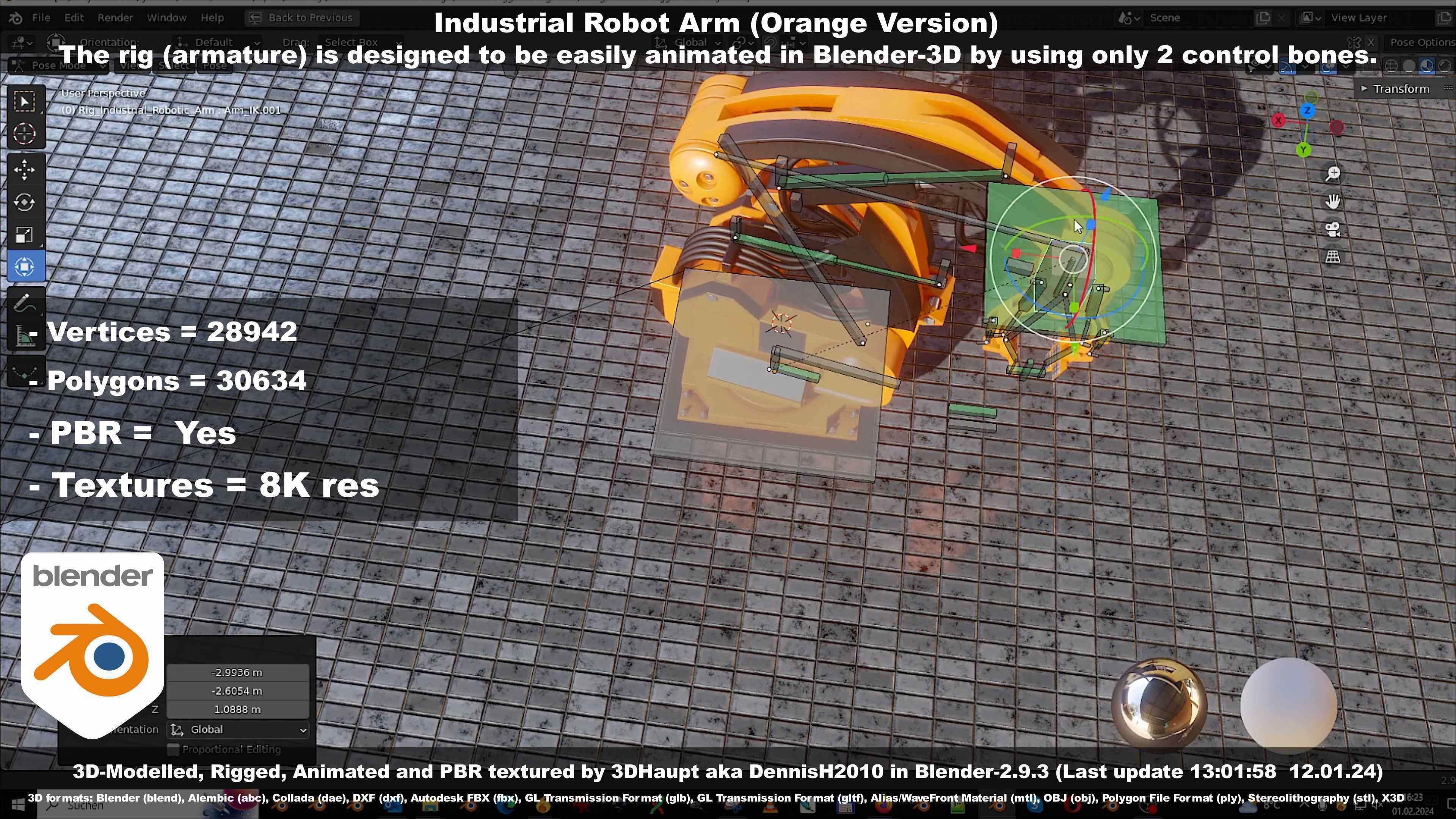 Rigged Industrial Robot Arm Orange Version Low-poly 3D model_110
