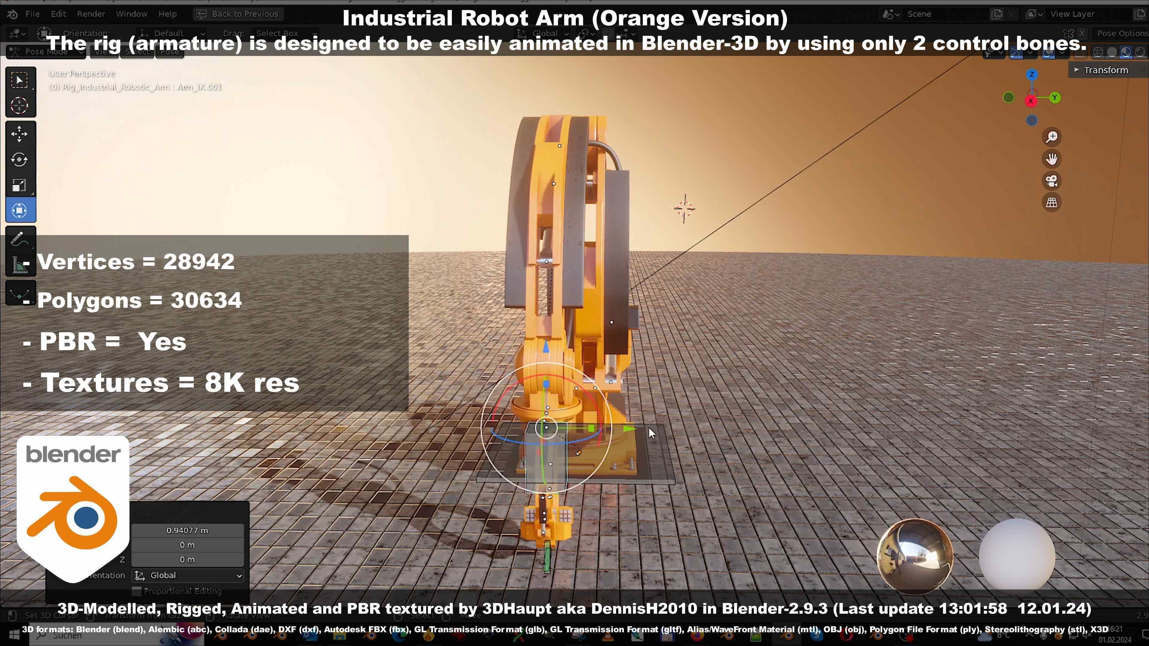 Rigged Industrial Robot Arm Orange Version Low-poly 3D model_86