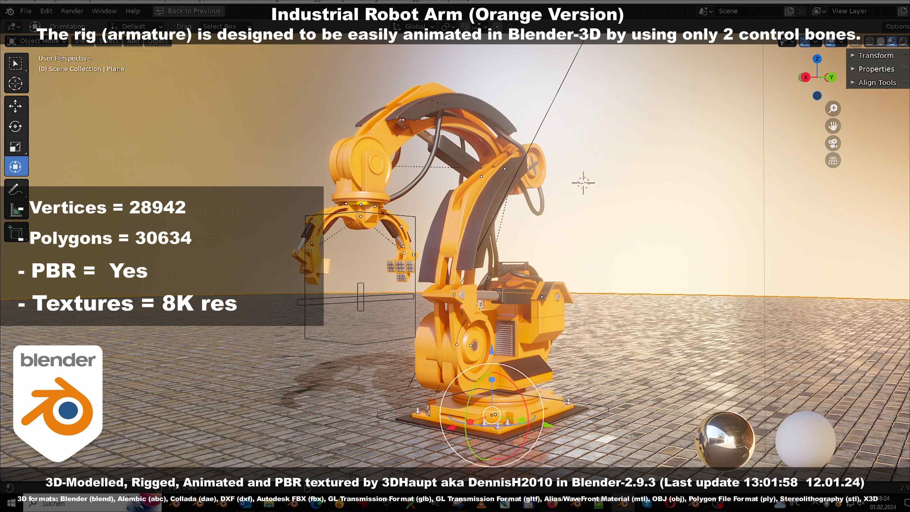 Rigged Industrial Robot Arm Orange Version Low-poly 3D model_62