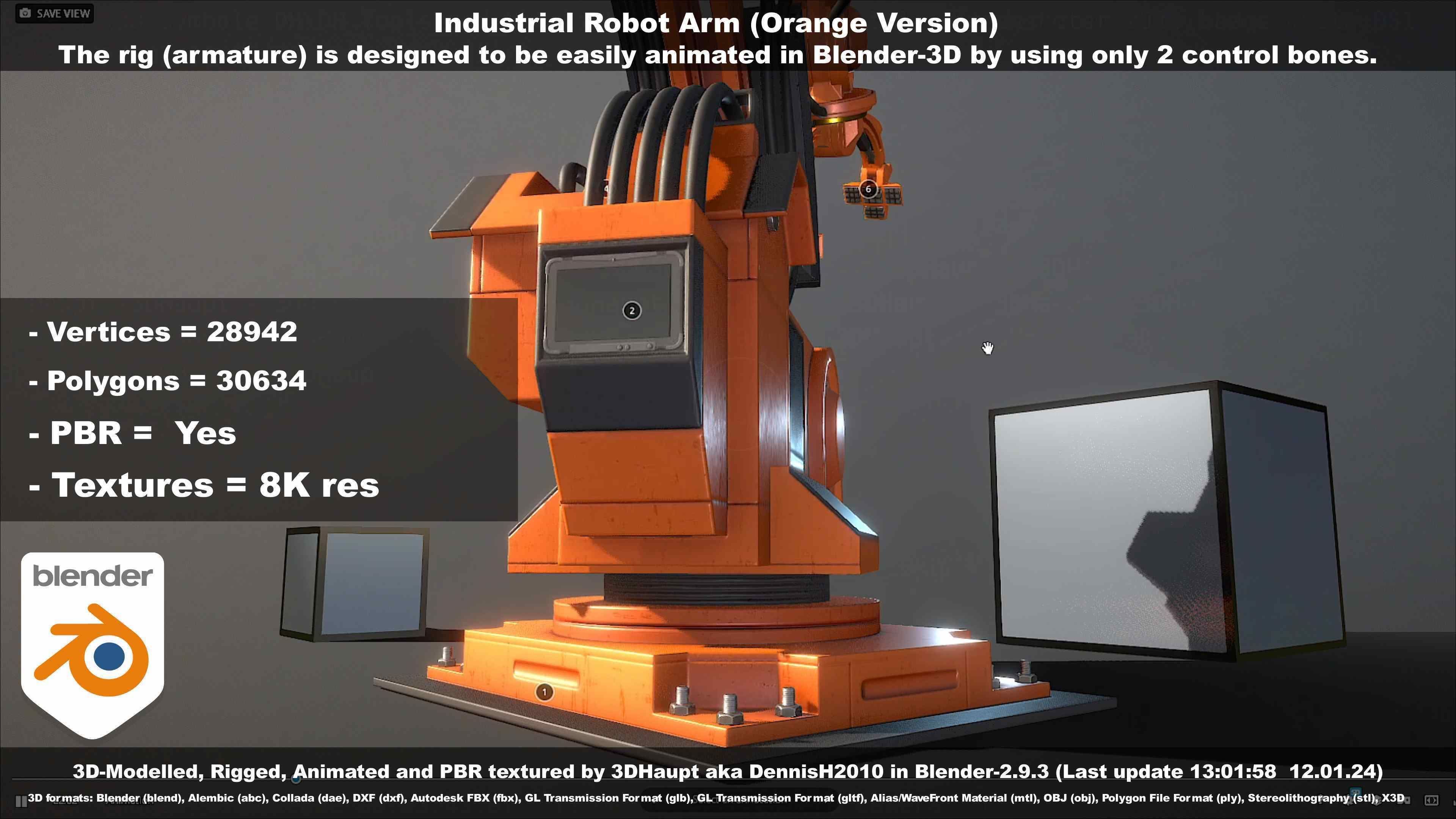 Rigged Industrial Robot Arm Orange Version Low-poly 3D model_132