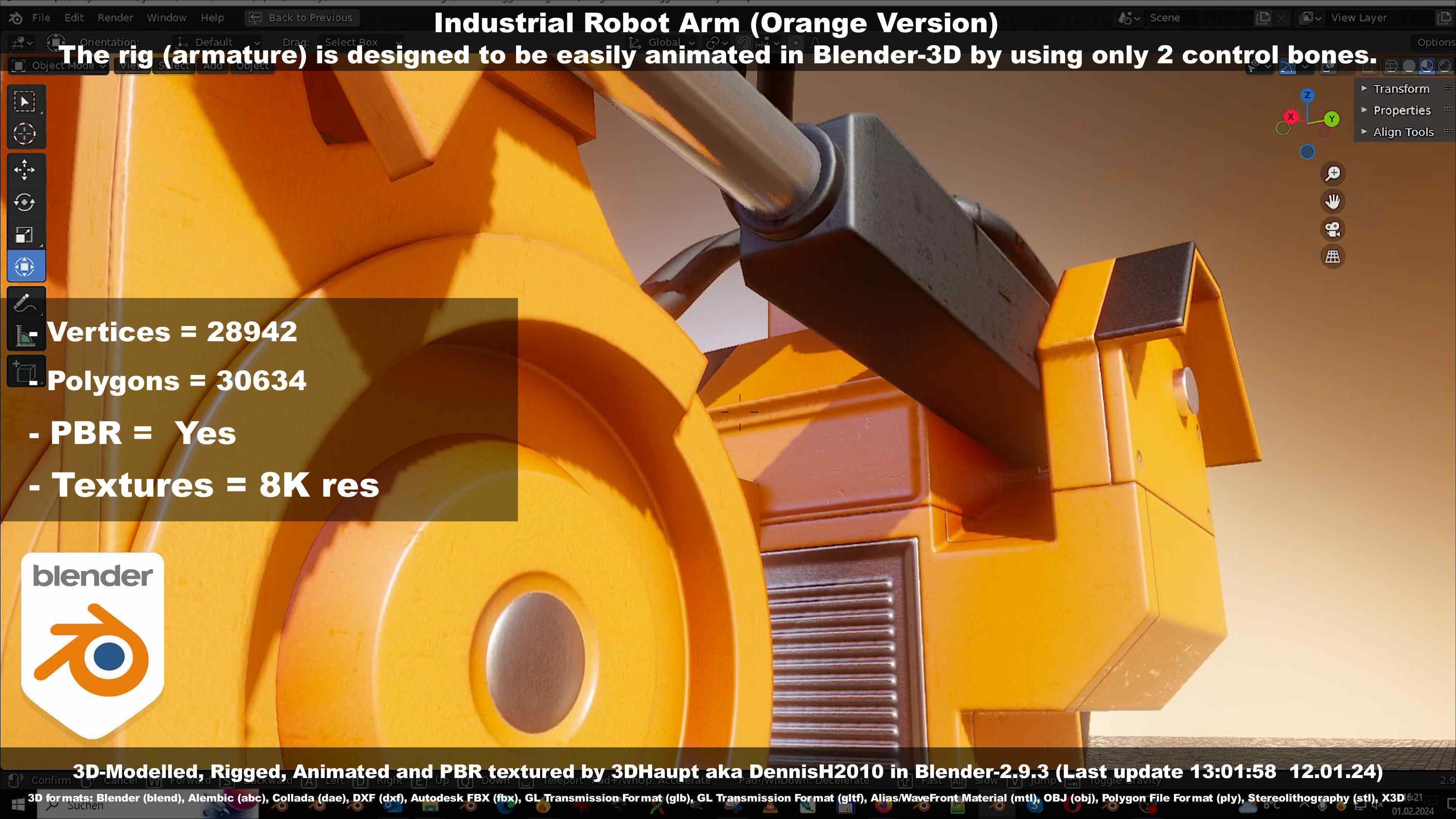 Rigged Industrial Robot Arm Orange Version Low-poly 3D model_92