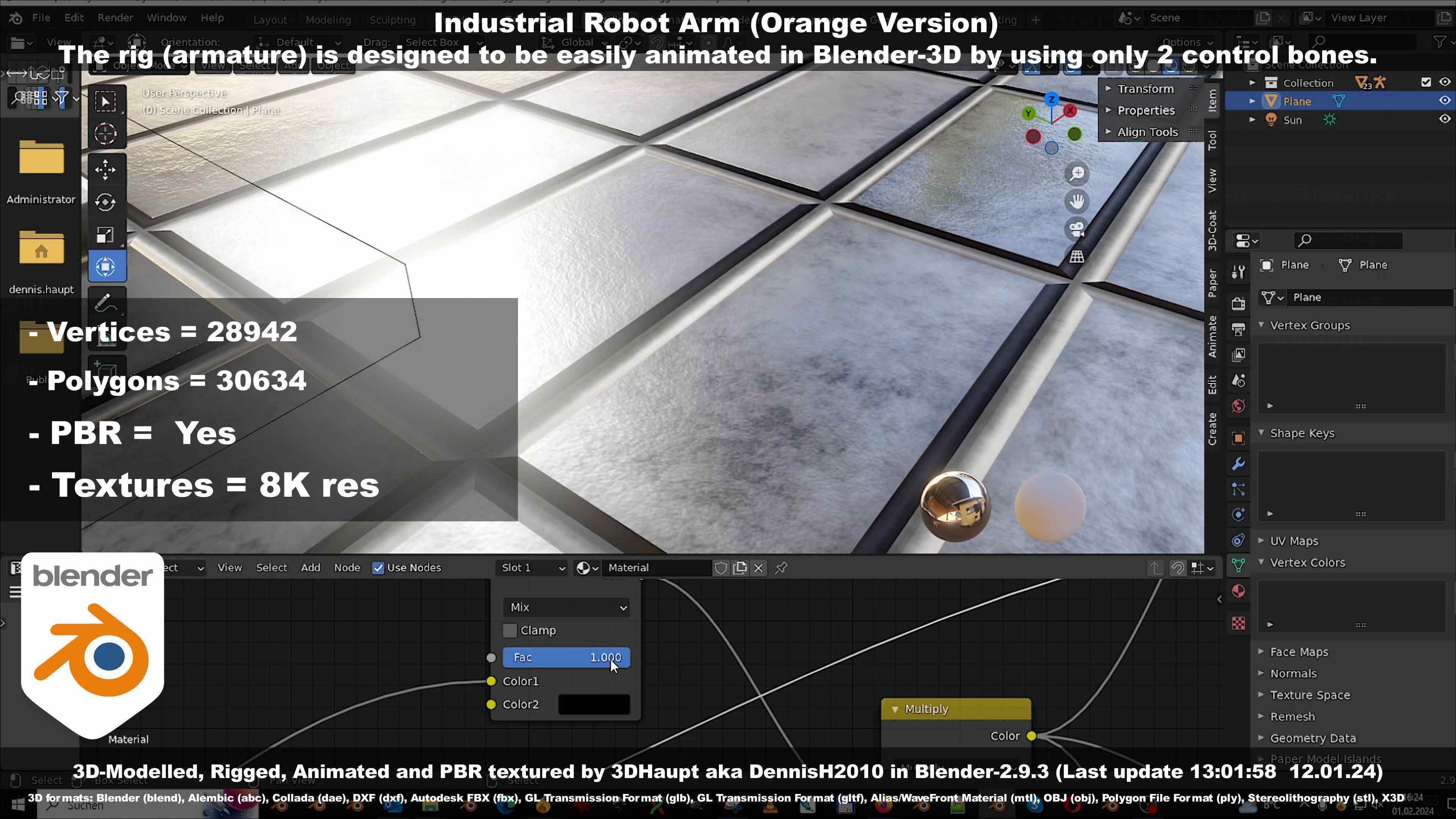 Rigged Industrial Robot Arm Orange Version Low-poly 3D model_129