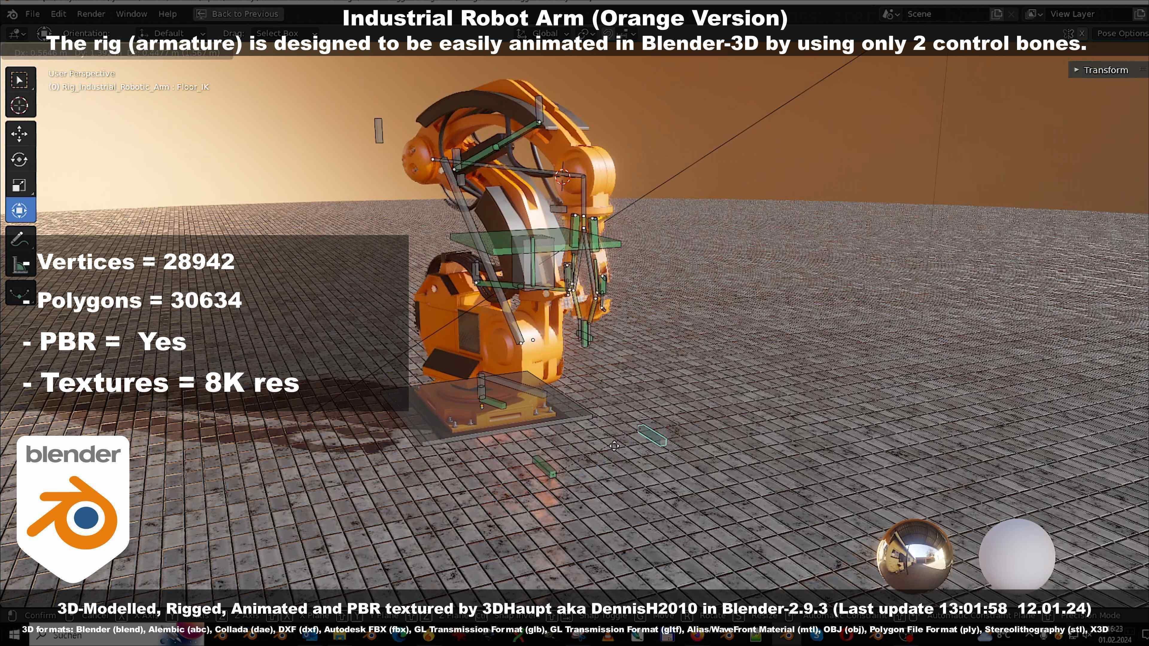 Rigged Industrial Robot Arm Orange Version Low-poly 3D model_107