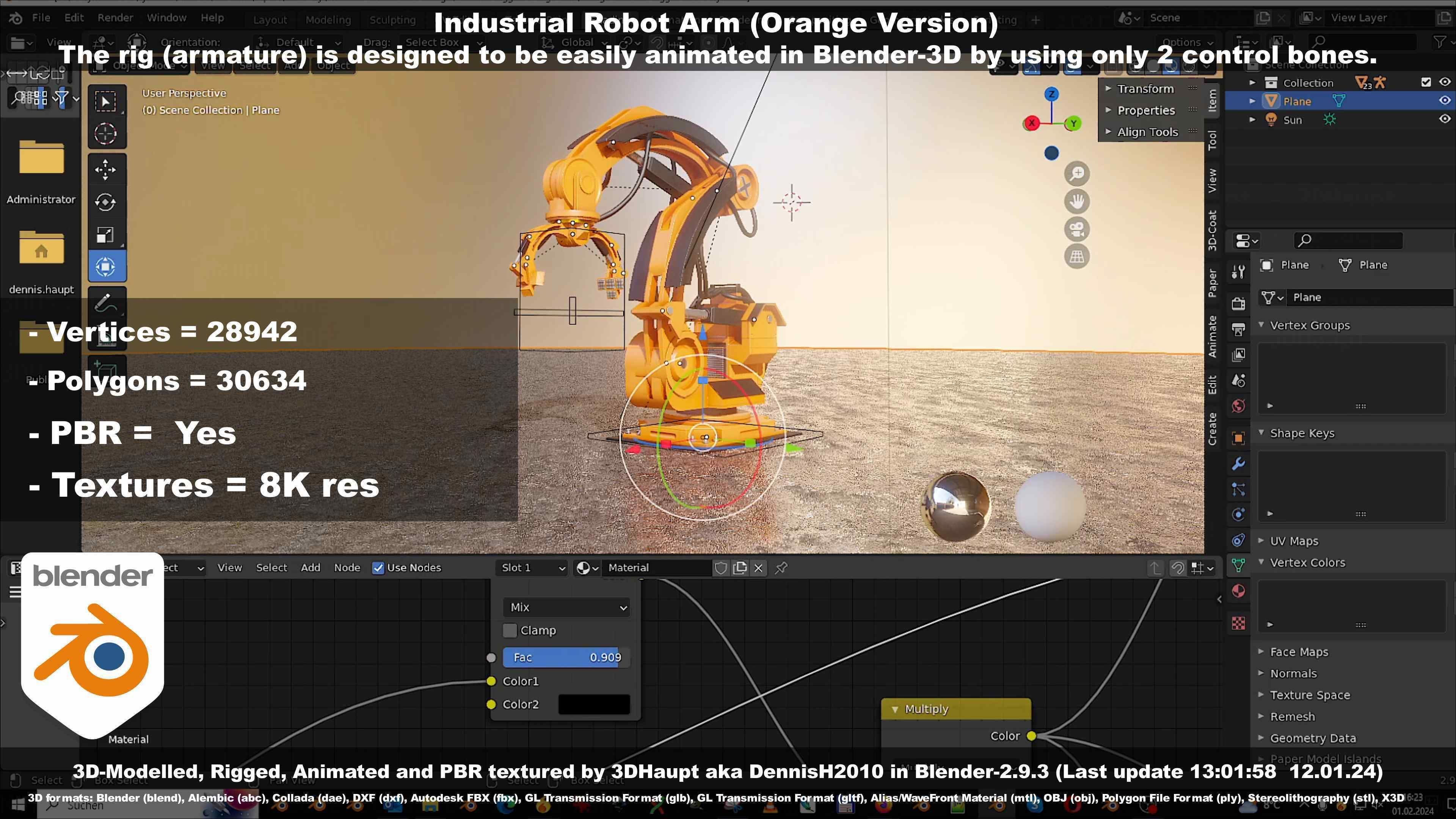 Rigged Industrial Robot Arm Orange Version Low-poly 3D model_123