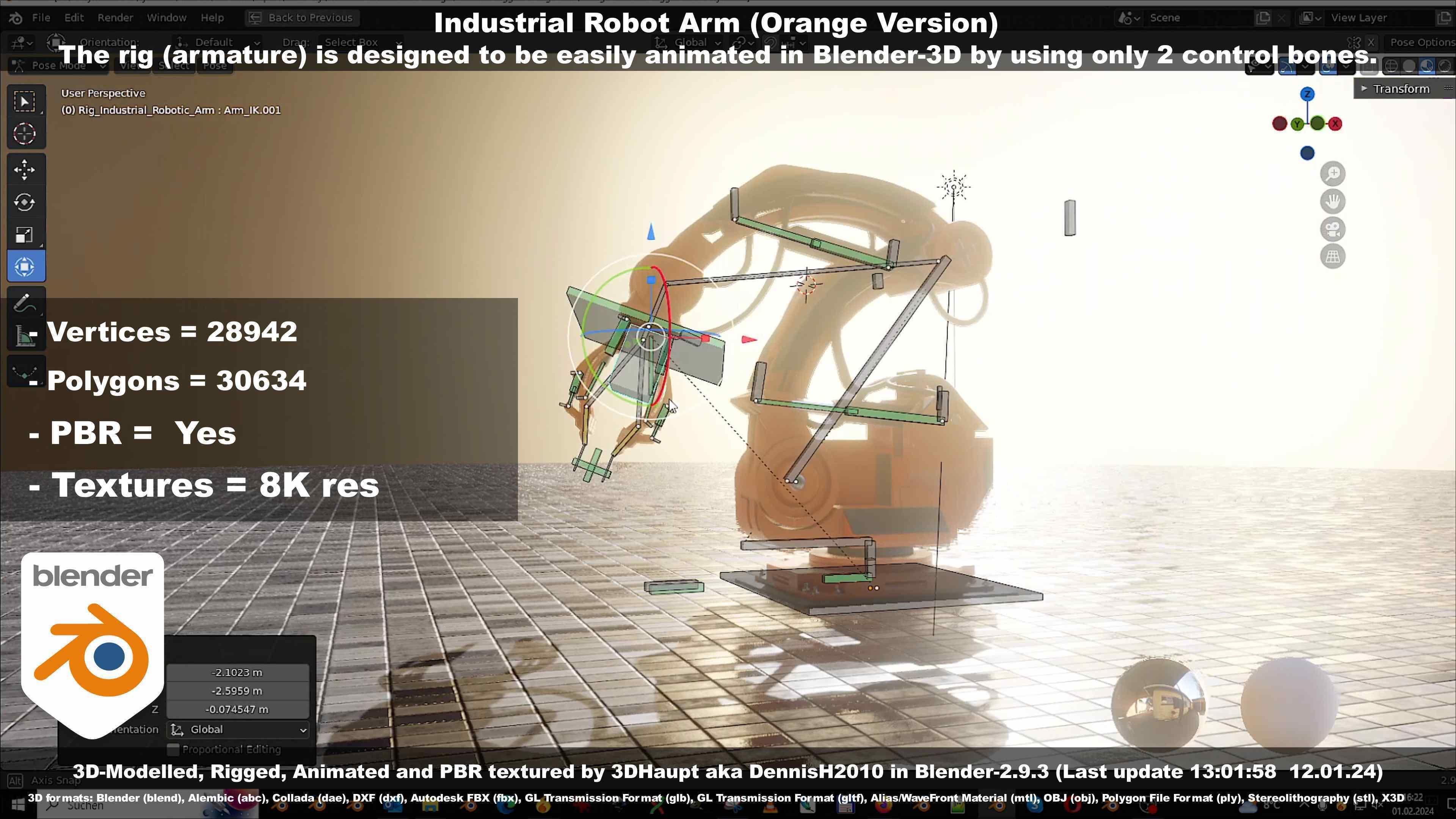 Rigged Industrial Robot Arm Orange Version Low-poly 3D model_100