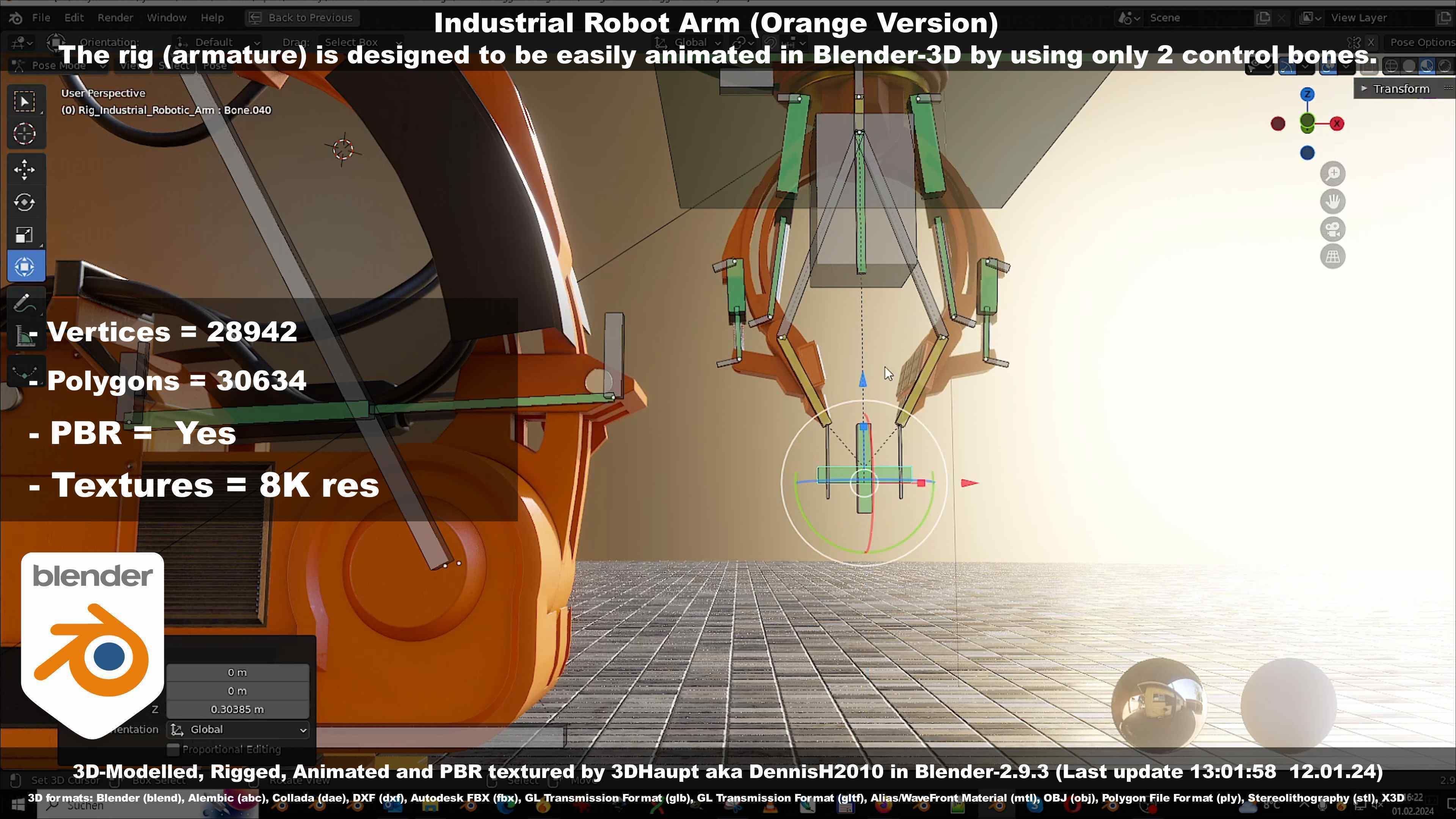 Rigged Industrial Robot Arm Orange Version Low-poly 3D model_106