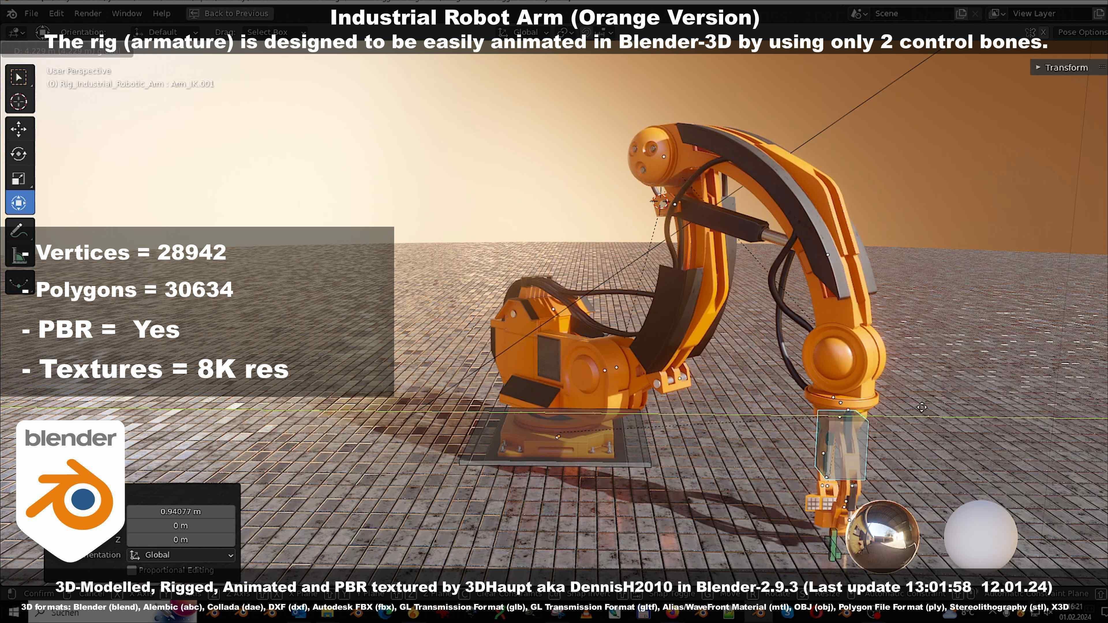 Rigged Industrial Robot Arm Orange Version Low-poly 3D model_87