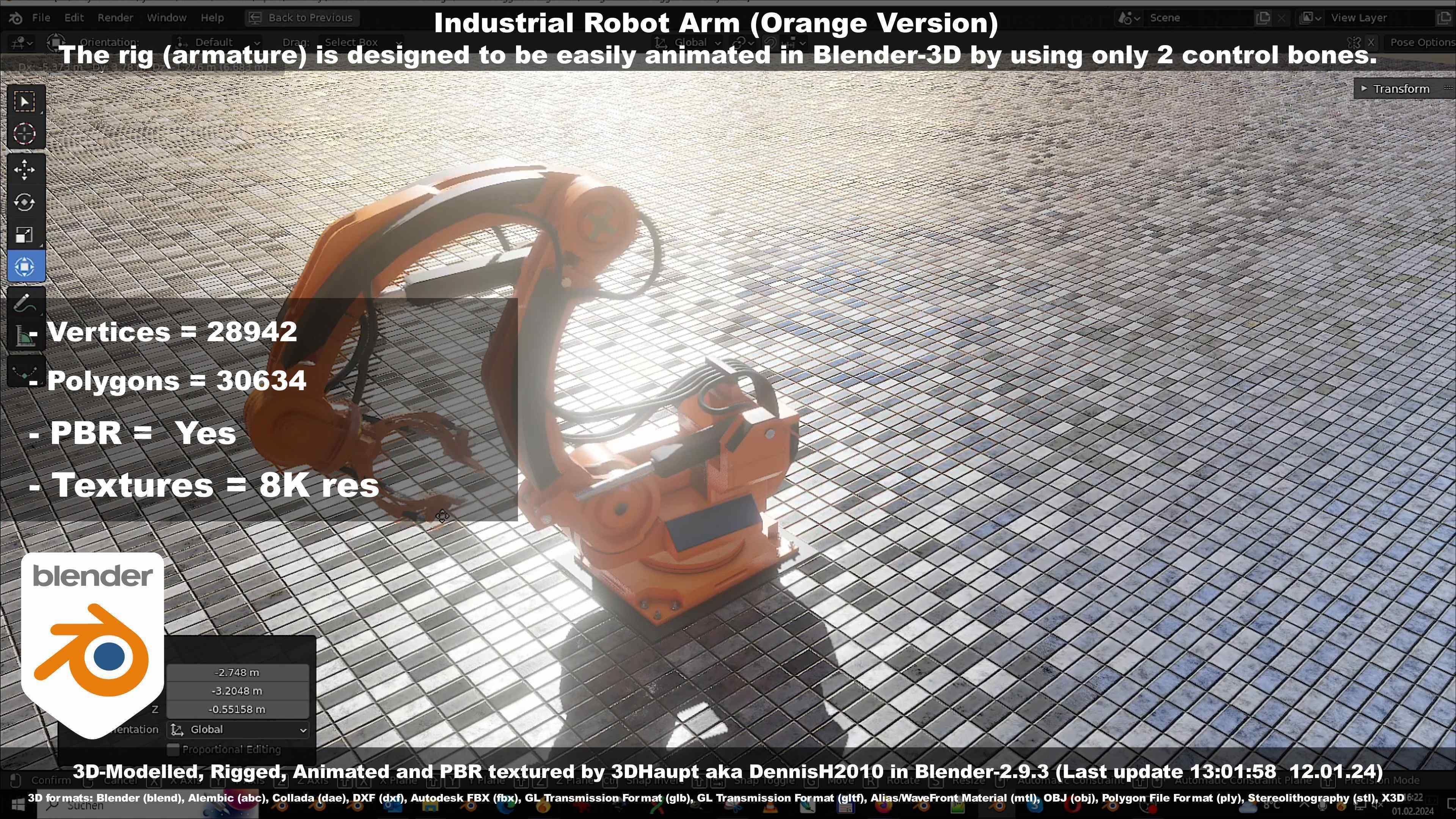 Rigged Industrial Robot Arm Orange Version Low-poly 3D model_94