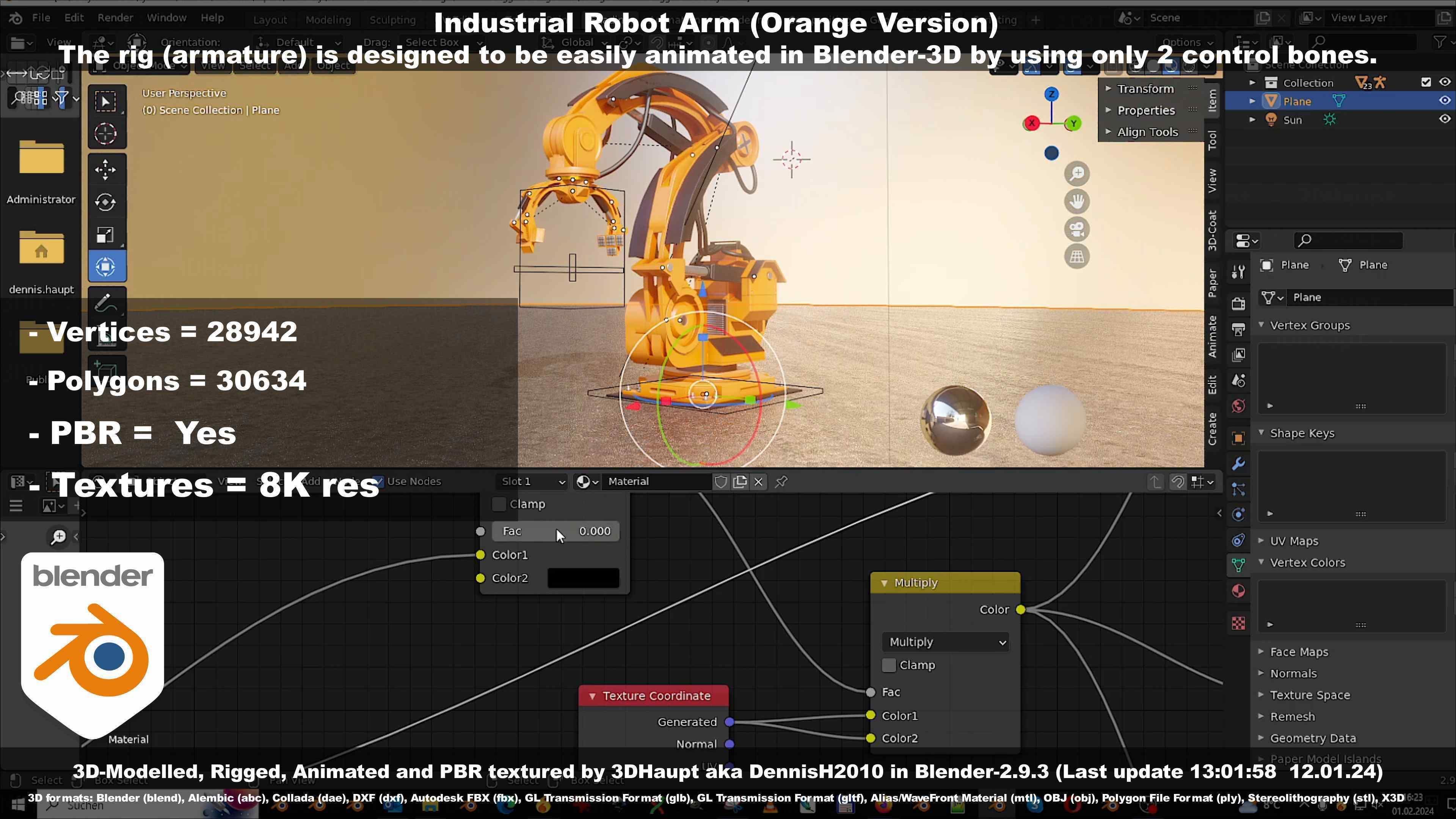 Rigged Industrial Robot Arm Orange Version Low-poly 3D model_122