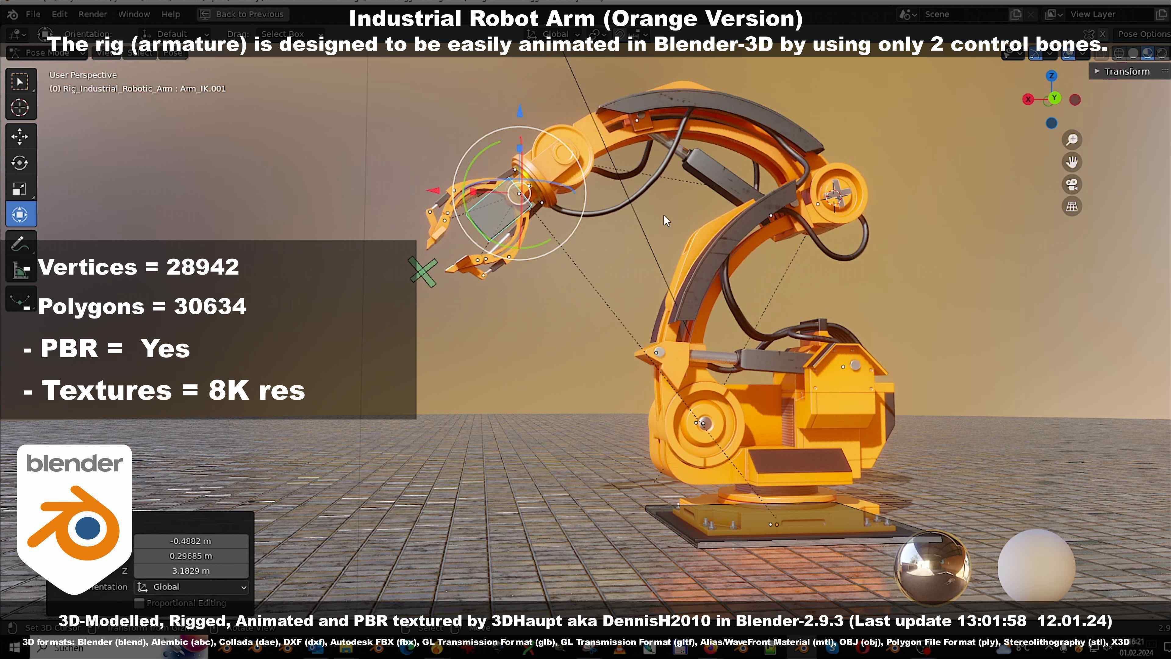 Rigged Industrial Robot Arm Orange Version Low-poly 3D model_72