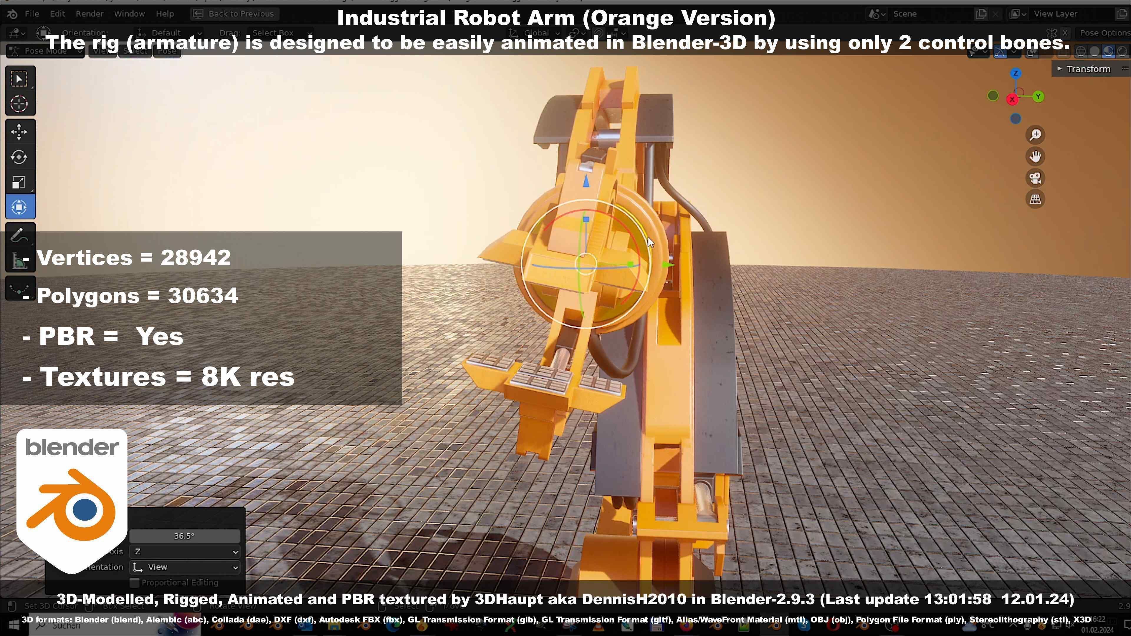 Rigged Industrial Robot Arm Orange Version Low-poly 3D model_74