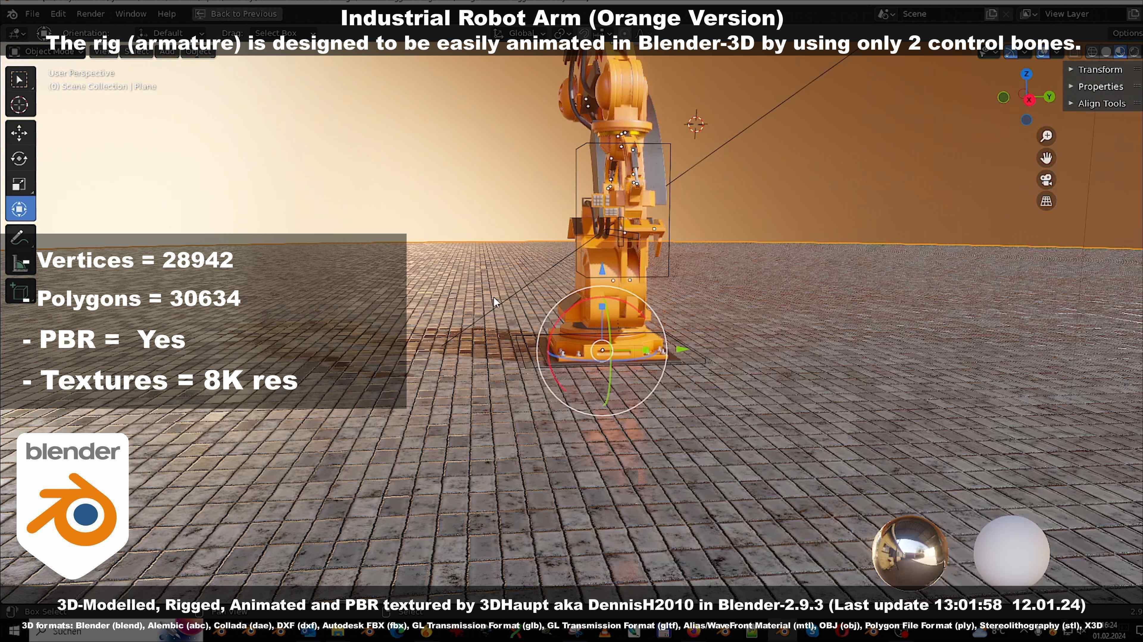 Rigged Industrial Robot Arm Orange Version Low-poly 3D model_60