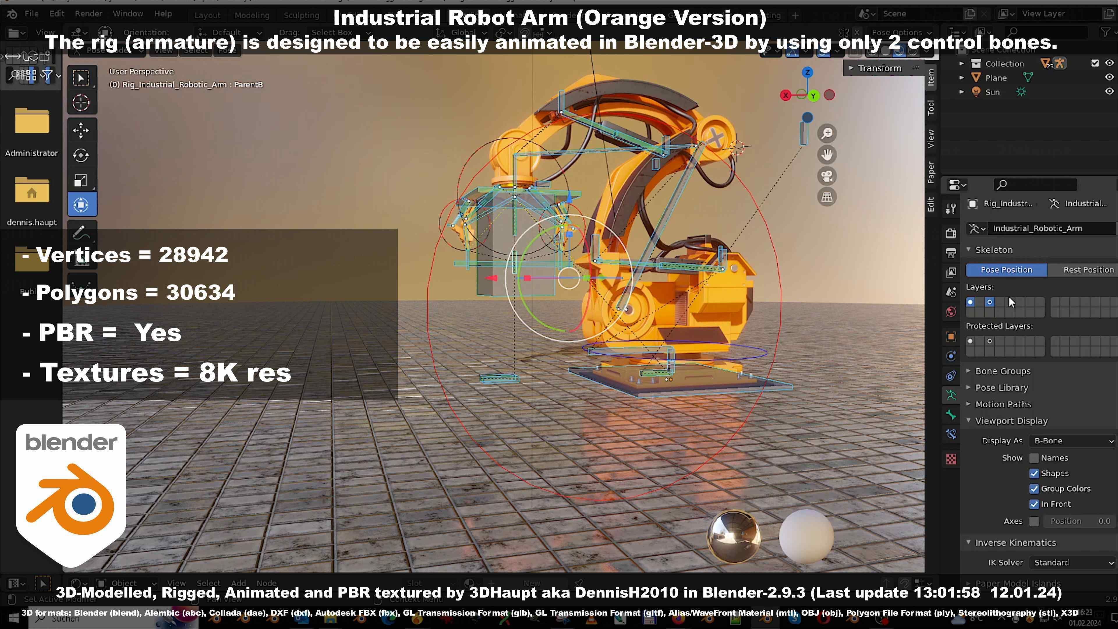 Rigged Industrial Robot Arm Orange Version Low-poly 3D model_115