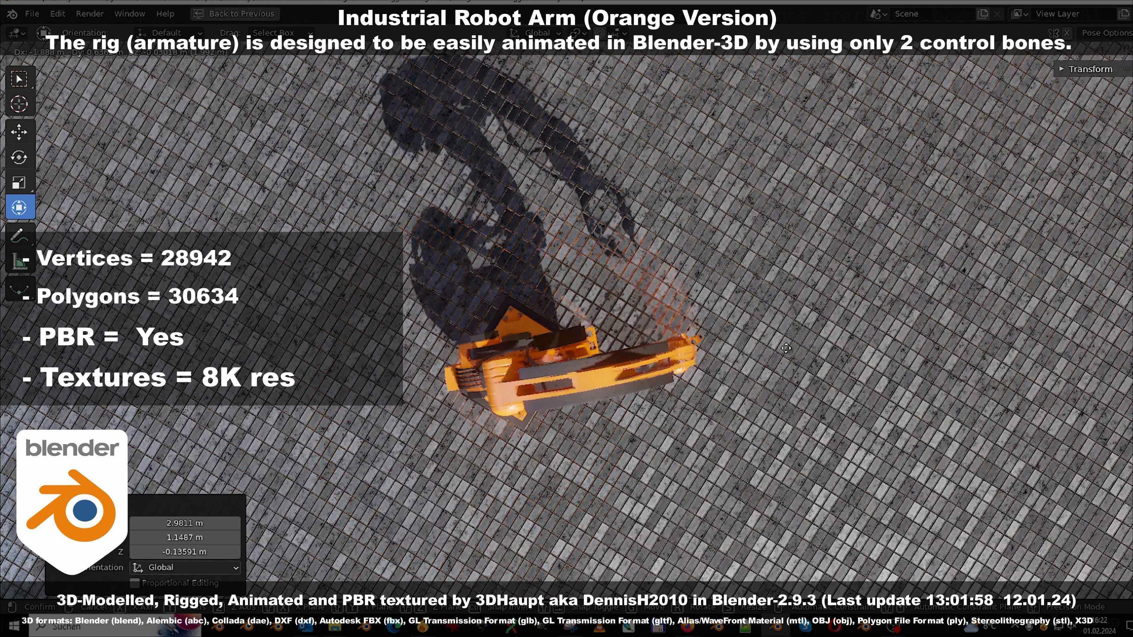 Rigged Industrial Robot Arm Orange Version Low-poly 3D model_97