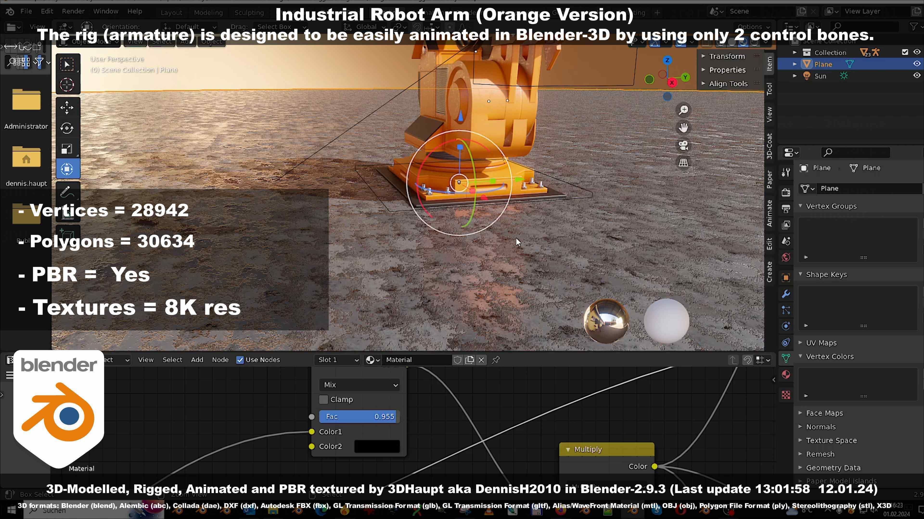Rigged Industrial Robot Arm Orange Version Low-poly 3D model_53