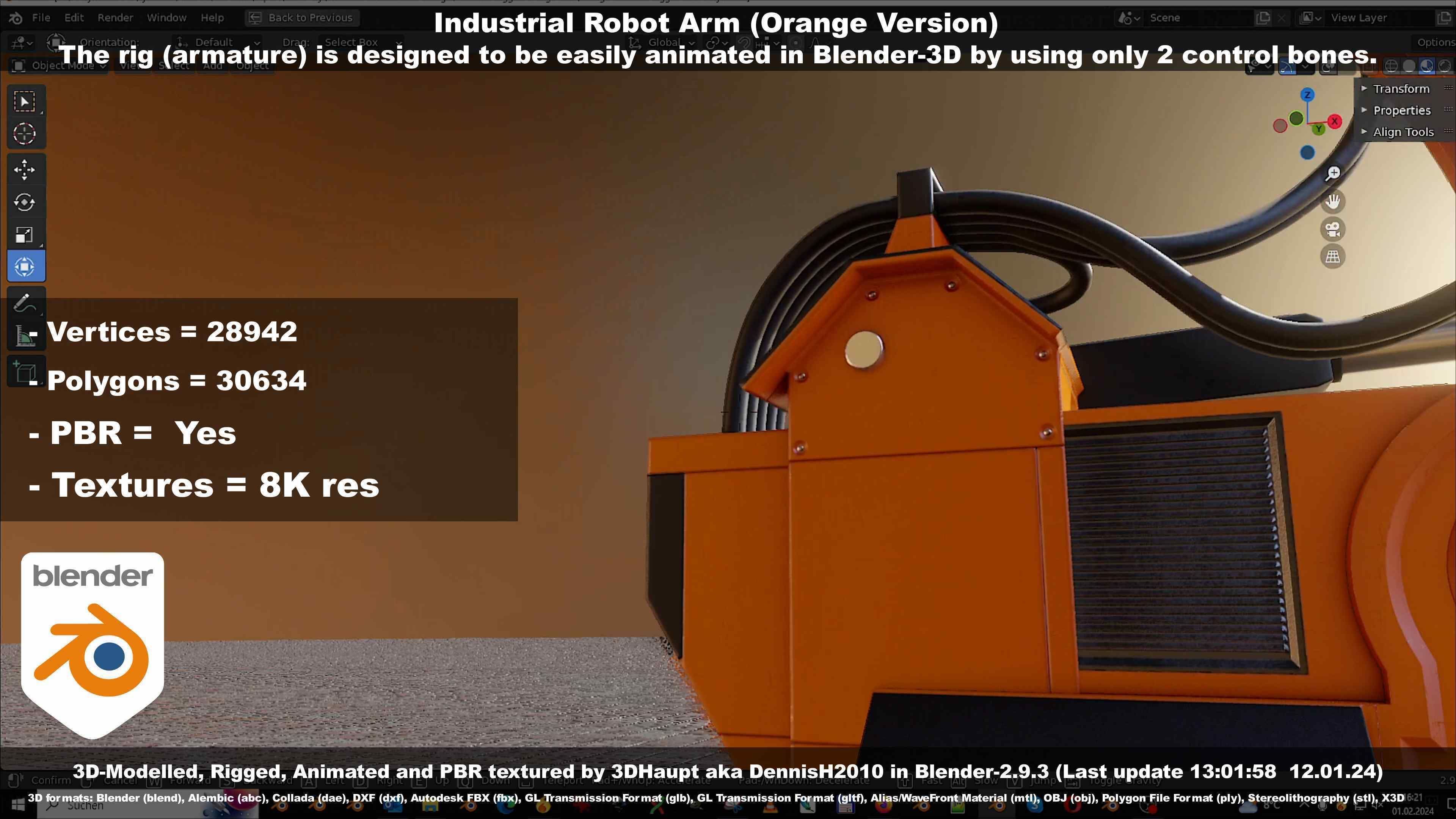 Rigged Industrial Robot Arm Orange Version Low-poly 3D model_103