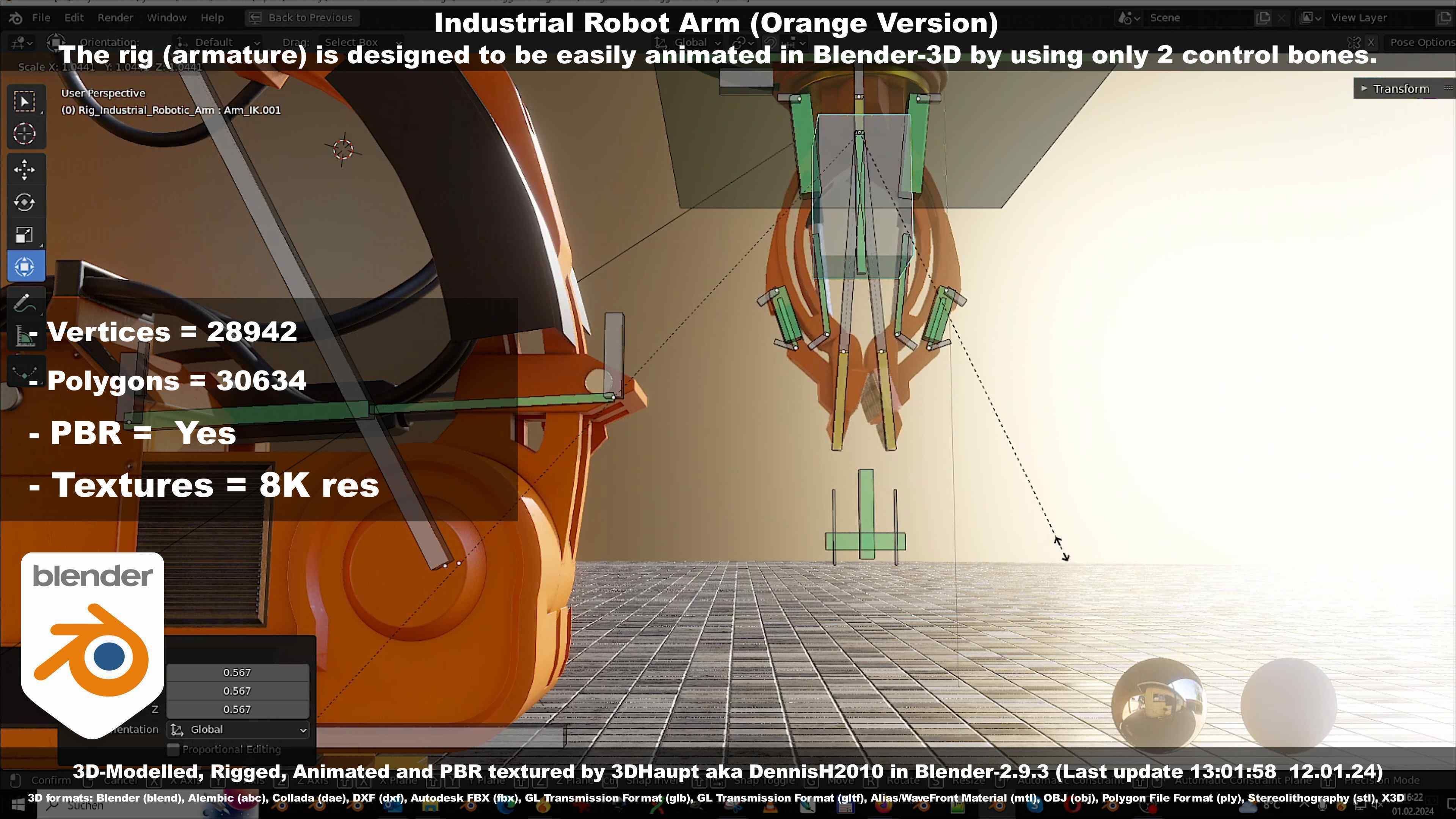 Rigged Industrial Robot Arm Orange Version Low-poly 3D model_105