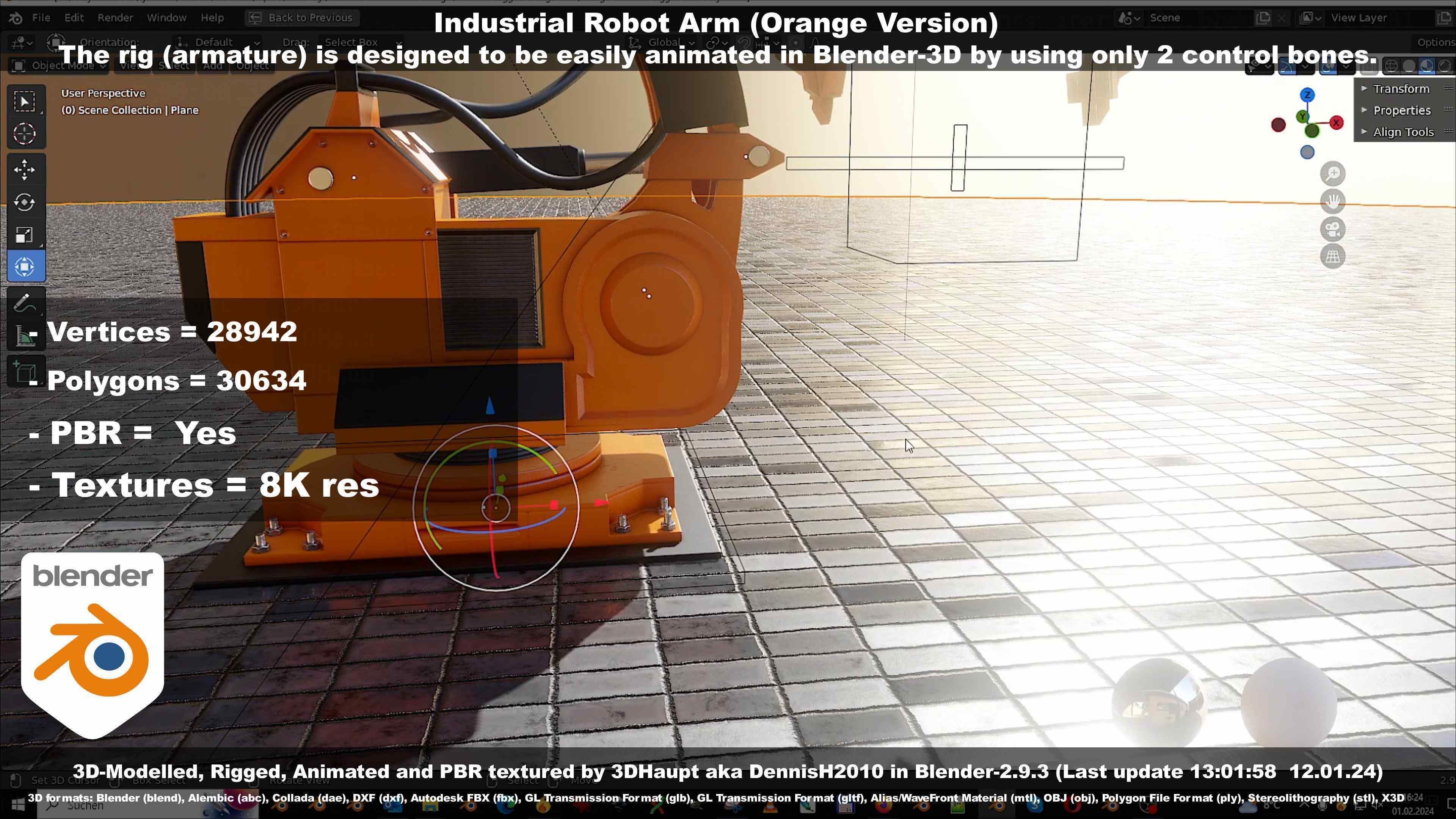 Rigged Industrial Robot Arm Orange Version Low-poly 3D model_59