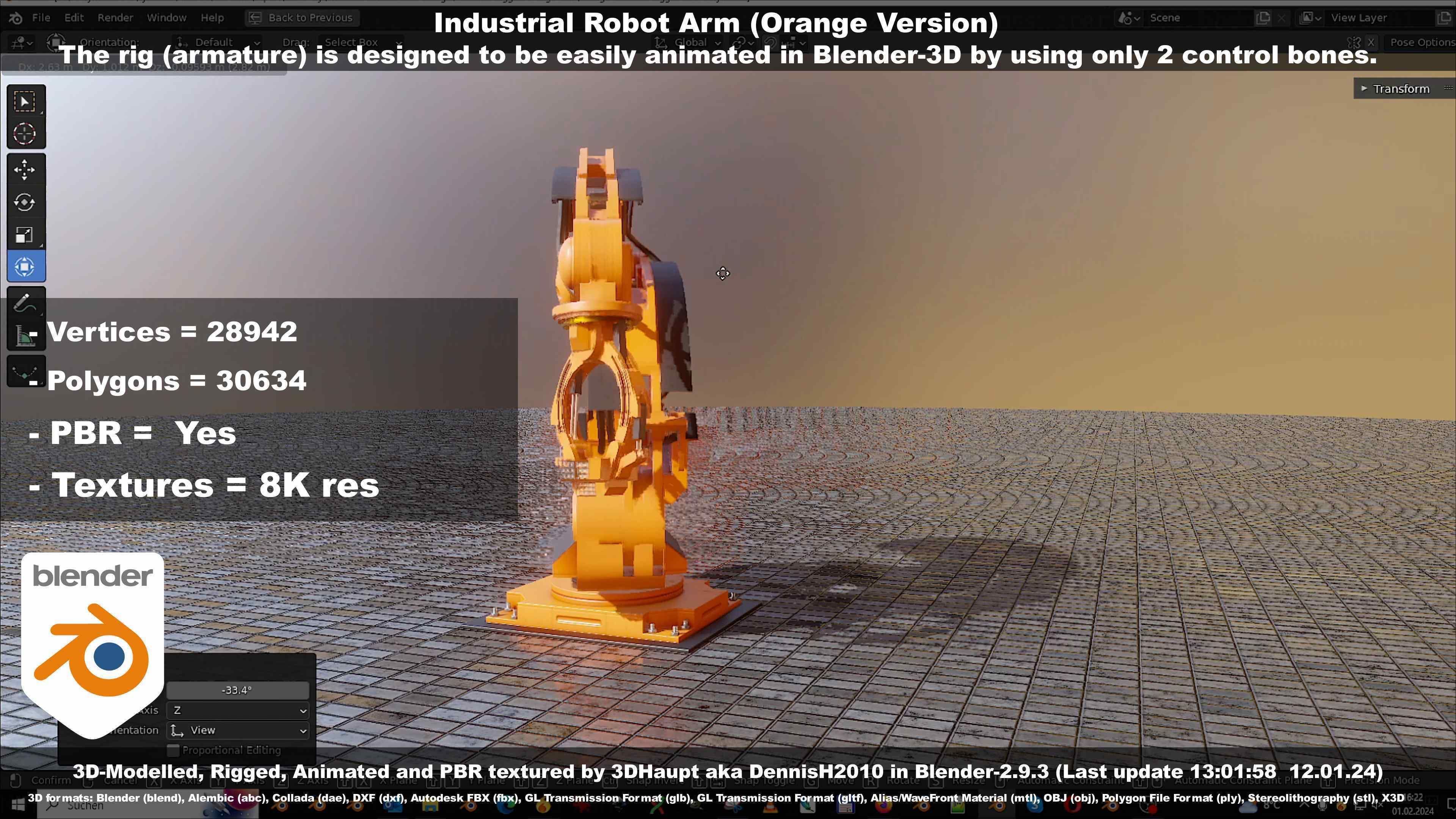 Rigged Industrial Robot Arm Orange Version Low-poly 3D model_96