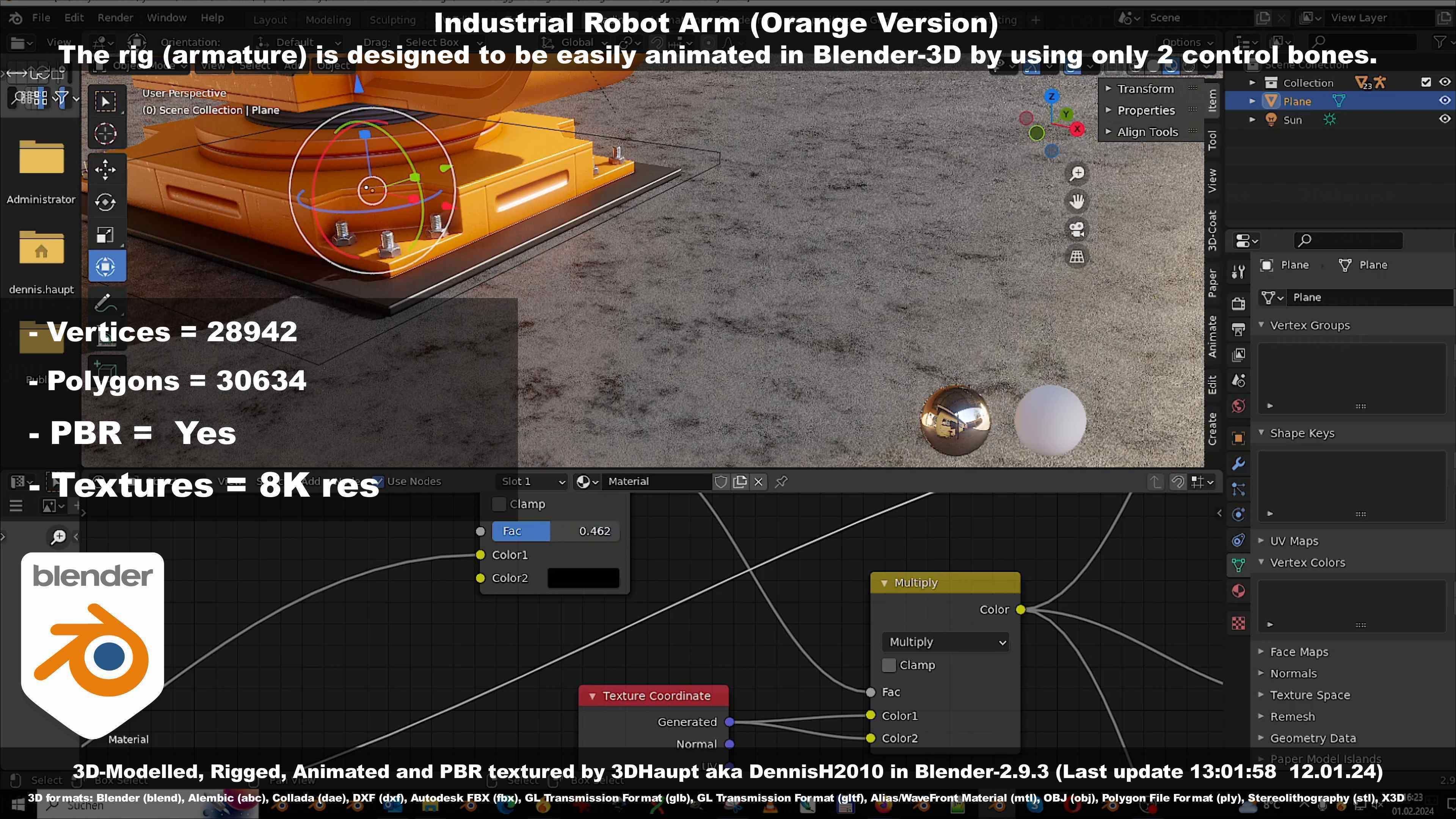 Rigged Industrial Robot Arm Orange Version Low-poly 3D model_121