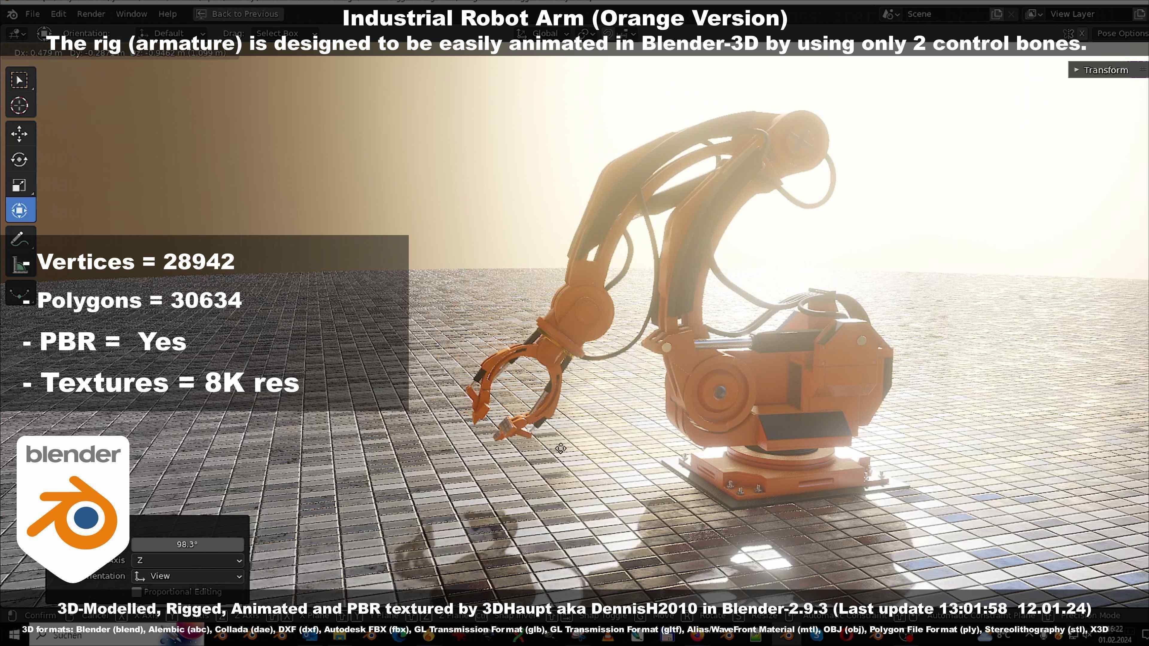 Rigged Industrial Robot Arm Orange Version Low-poly 3D model_75