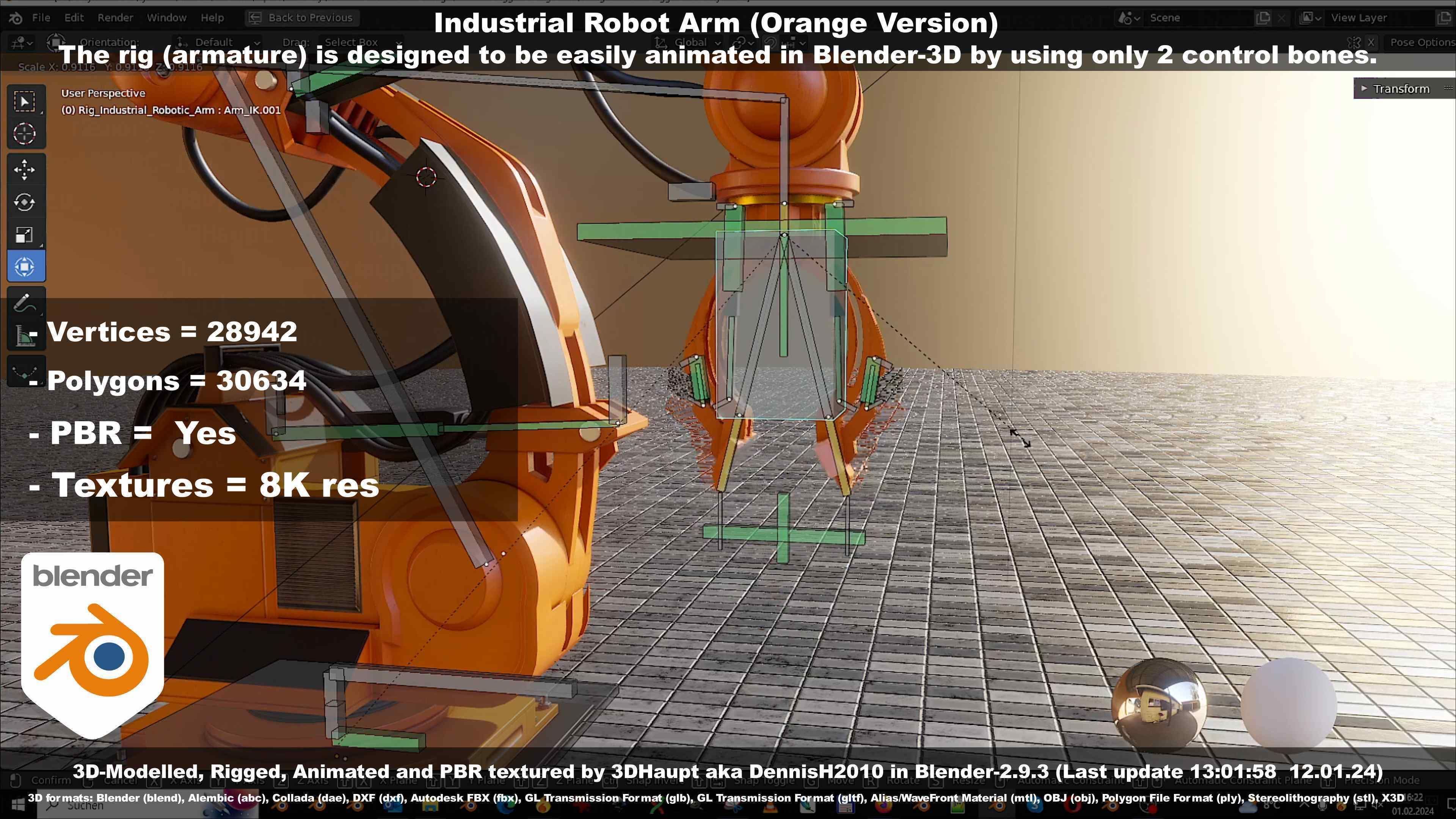 Rigged Industrial Robot Arm Orange Version Low-poly 3D model_80