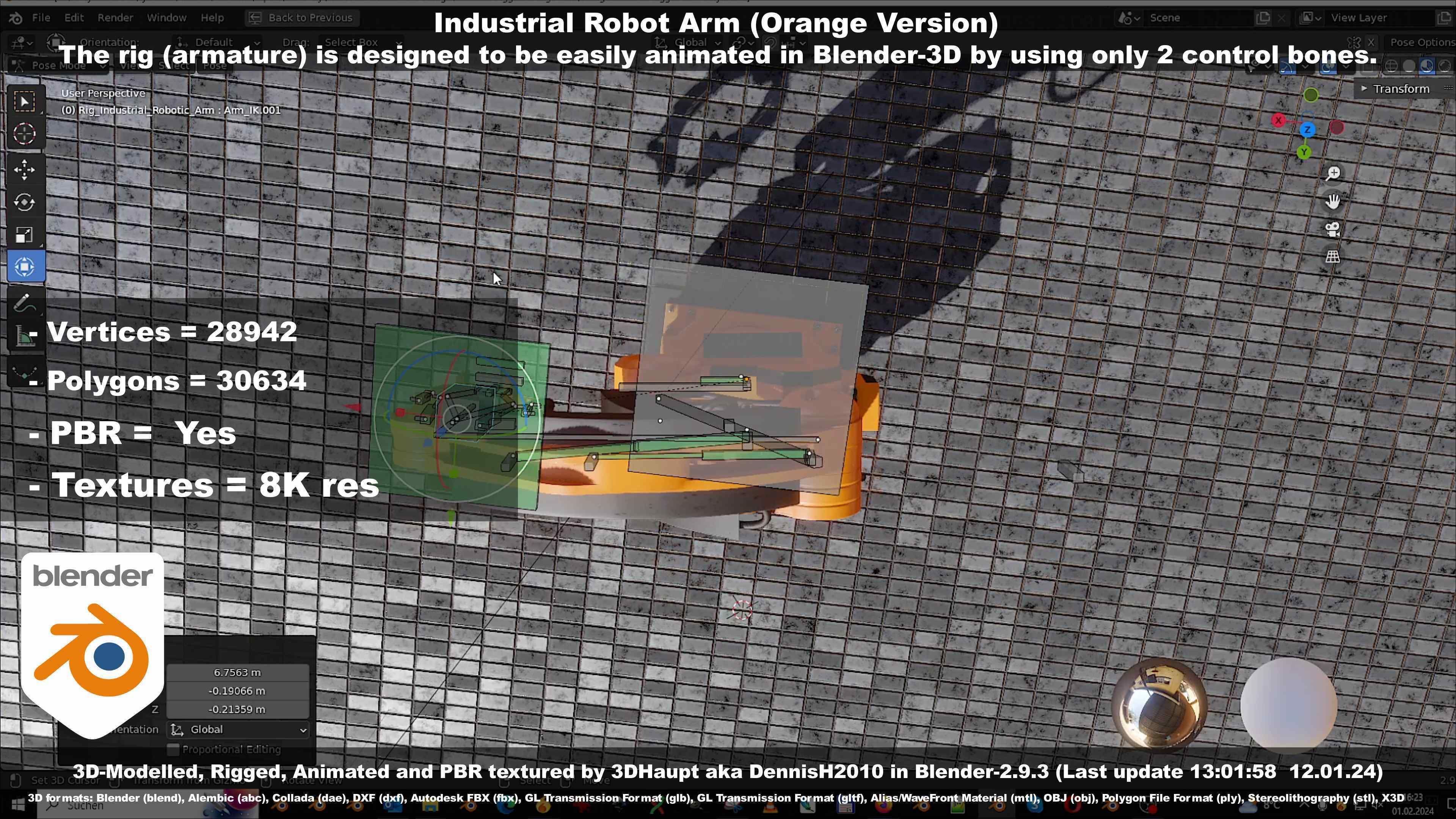 Rigged Industrial Robot Arm Orange Version Low-poly 3D model_111