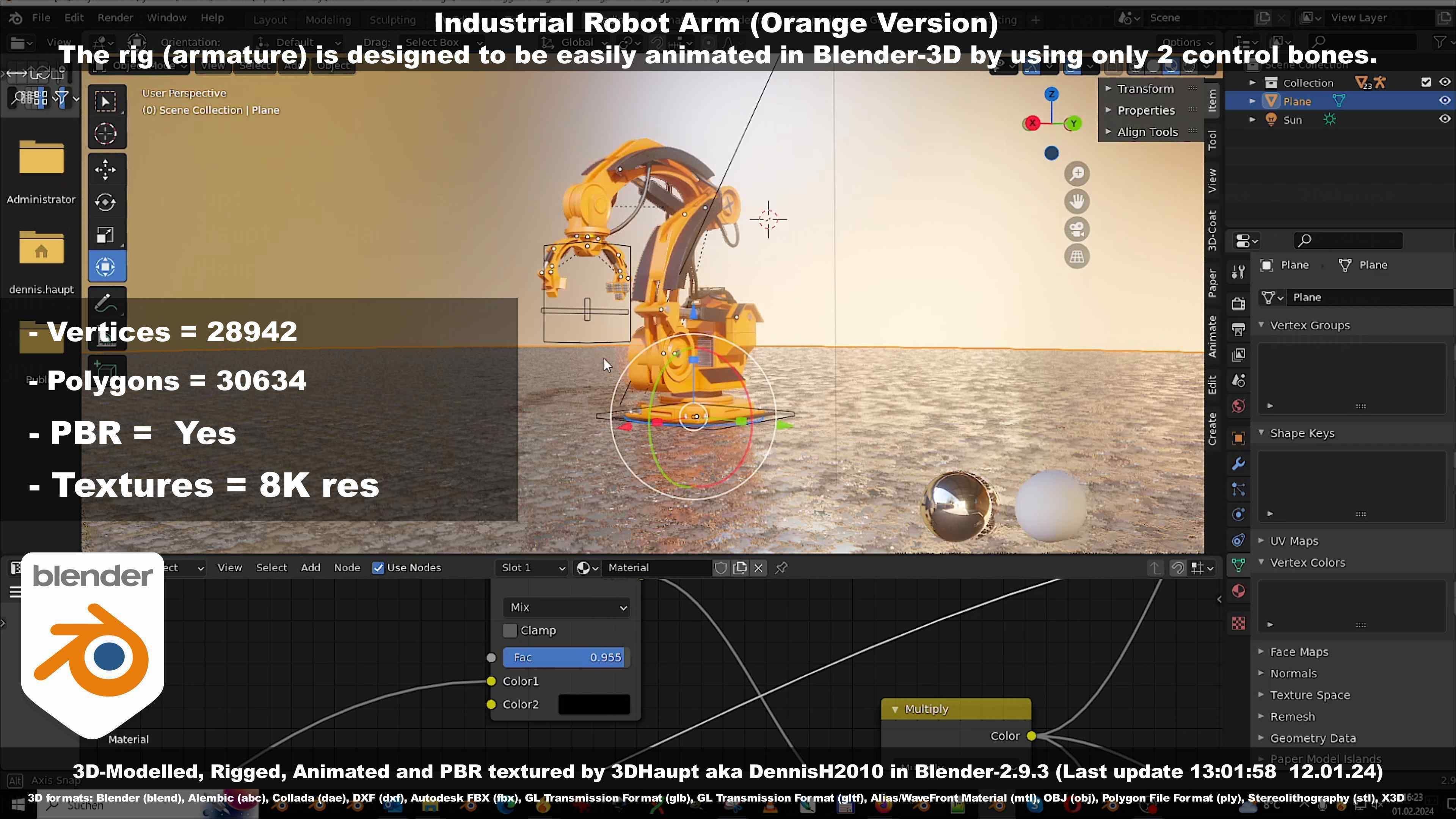 Rigged Industrial Robot Arm Orange Version Low-poly 3D model_52
