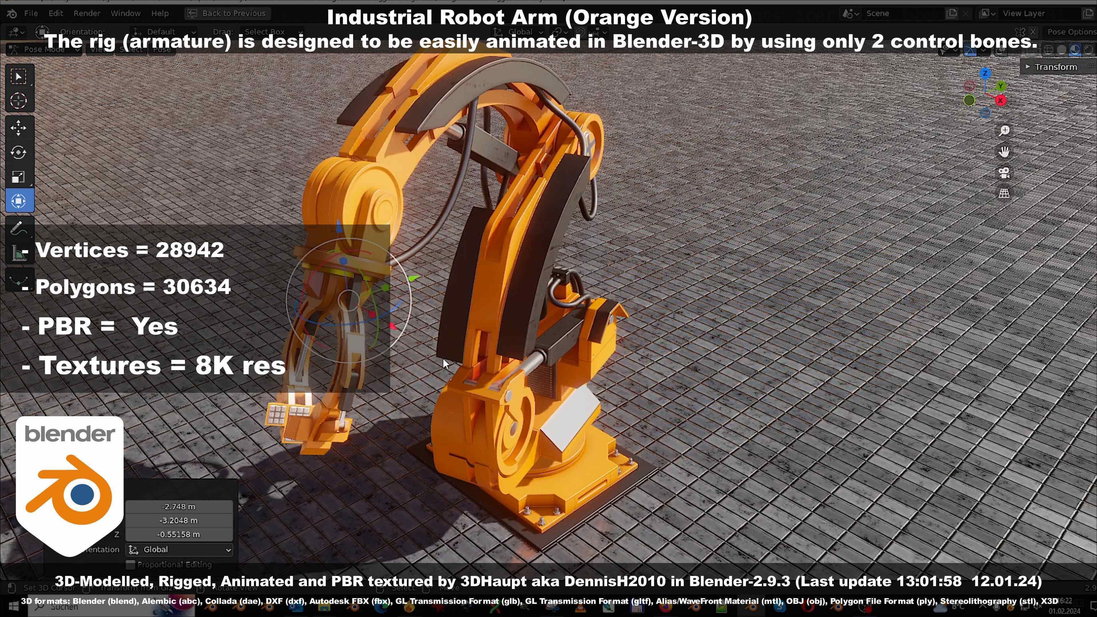 Rigged Industrial Robot Arm Orange Version Low-poly 3D model_93
