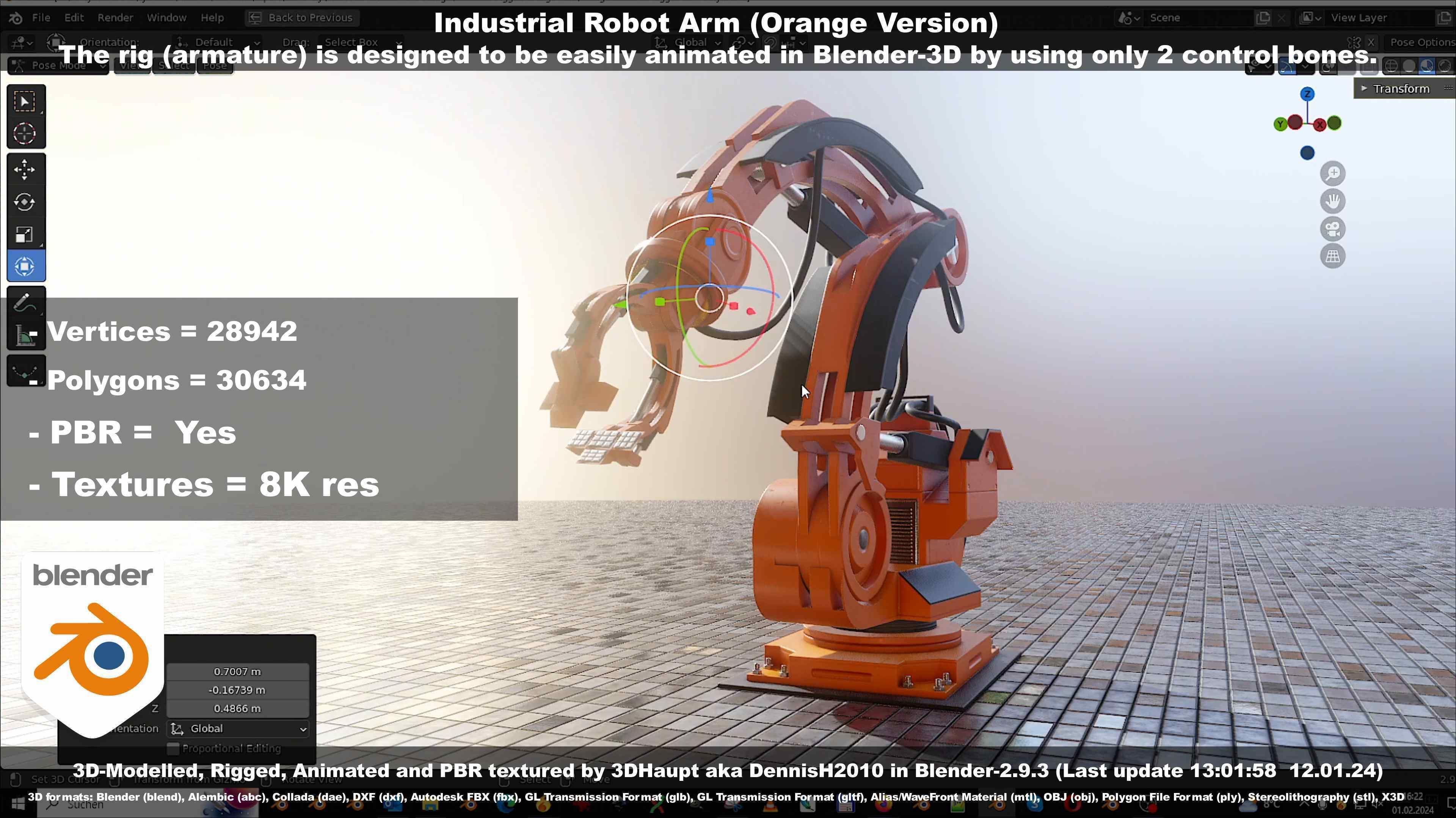 Rigged Industrial Robot Arm Orange Version Low-poly 3D model_76