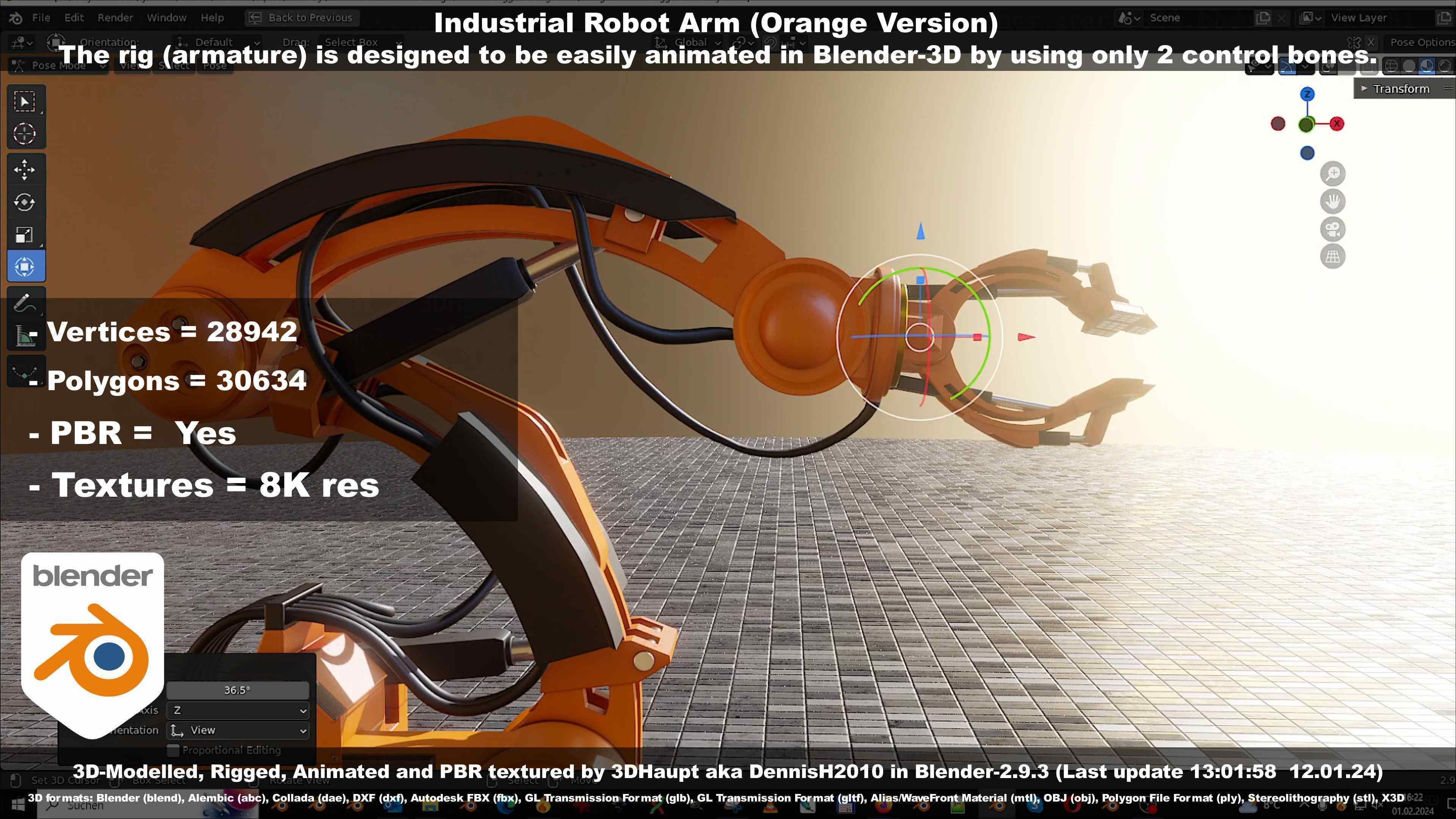 Rigged Industrial Robot Arm Orange Version Low-poly 3D model_56