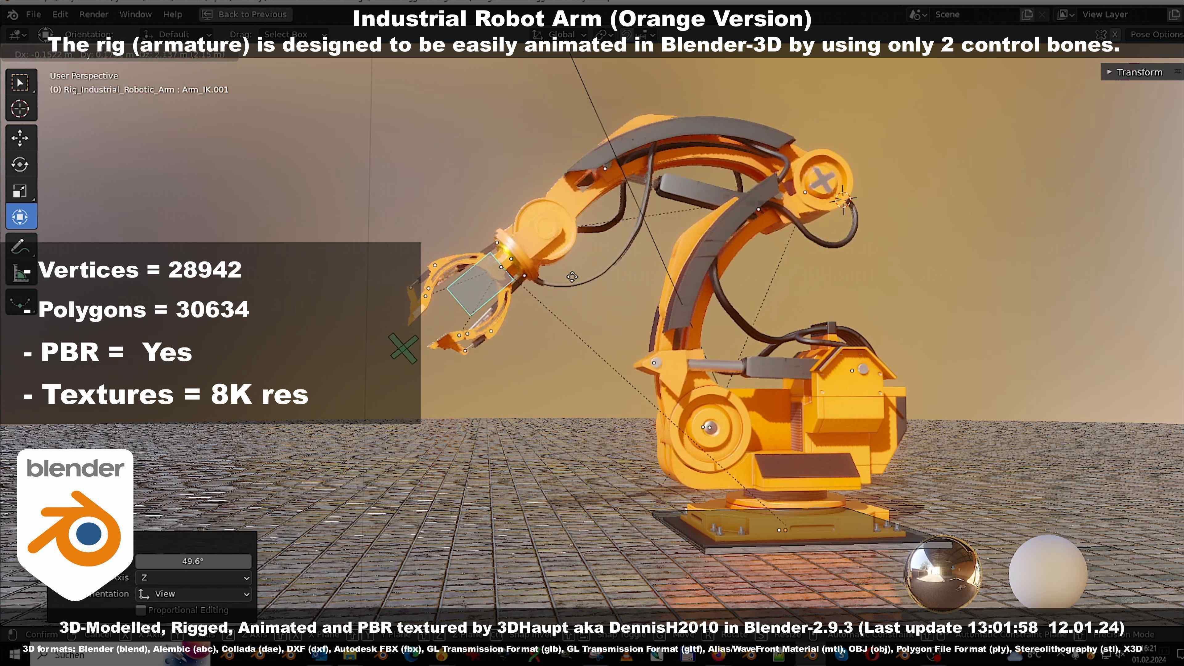 Rigged Industrial Robot Arm Orange Version Low-poly 3D model_88