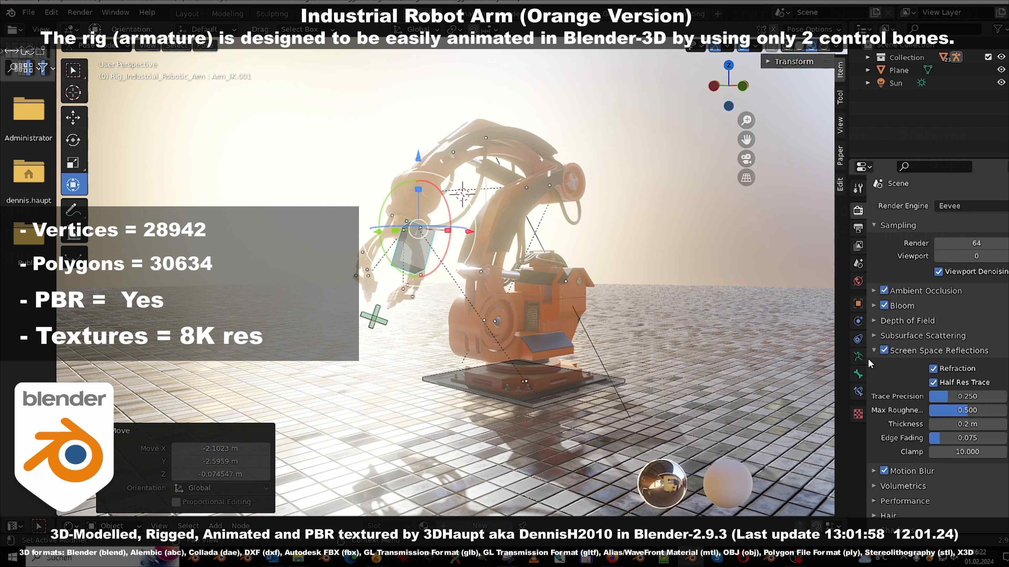 Rigged Industrial Robot Arm Orange Version Low-poly 3D model_99