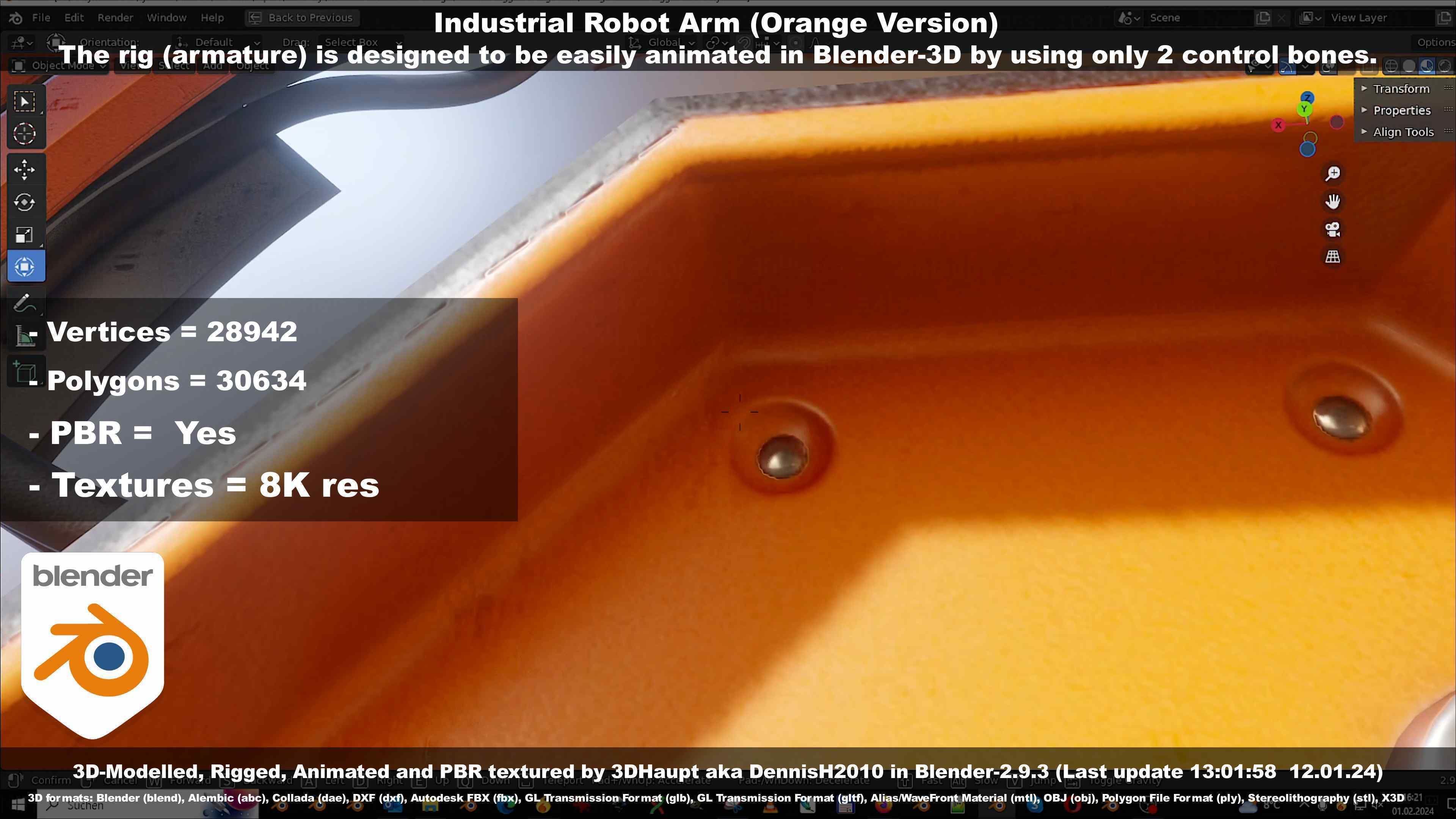 Rigged Industrial Robot Arm Orange Version Low-poly 3D model_81
