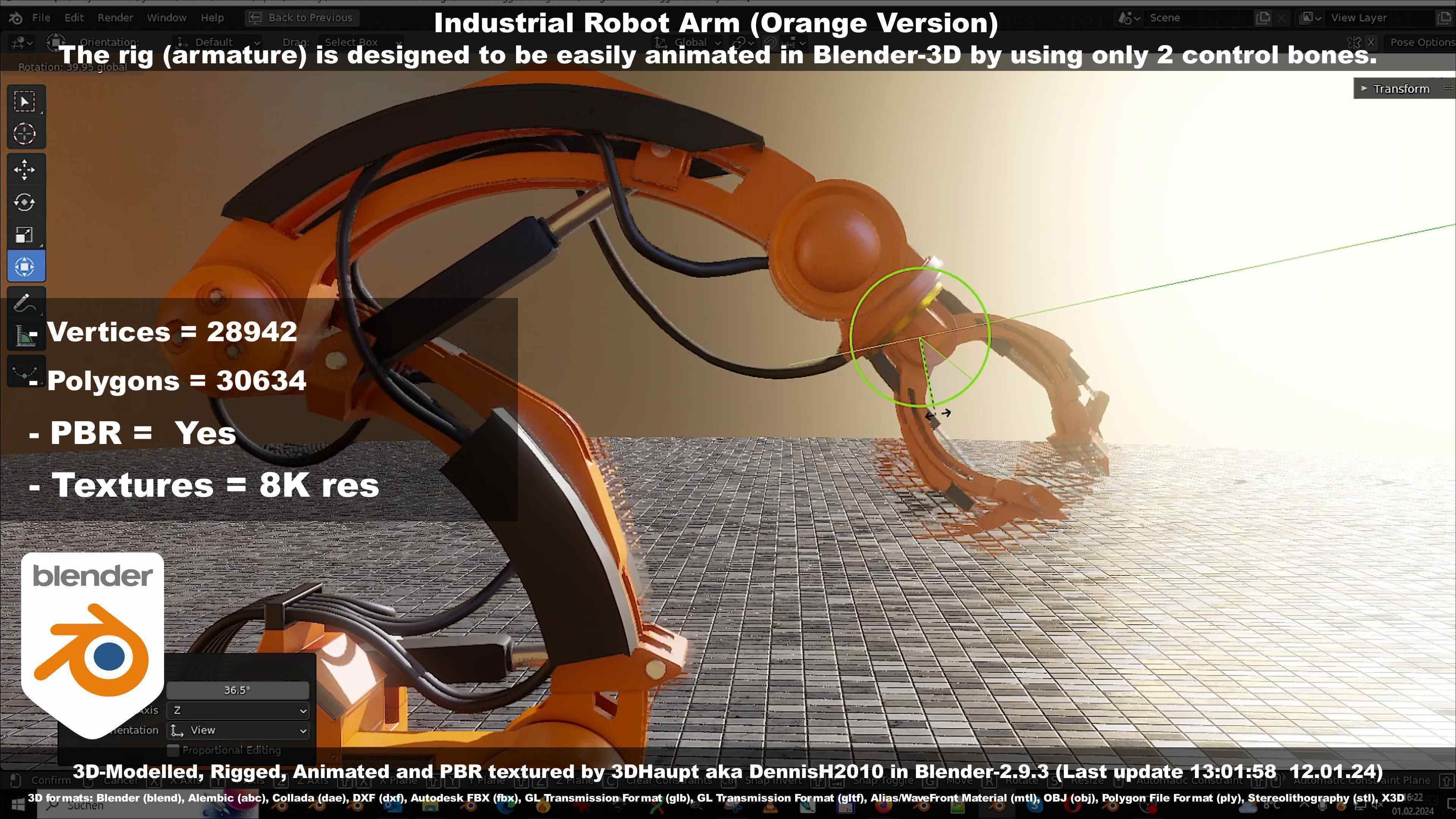 Rigged Industrial Robot Arm Orange Version Low-poly 3D model_91