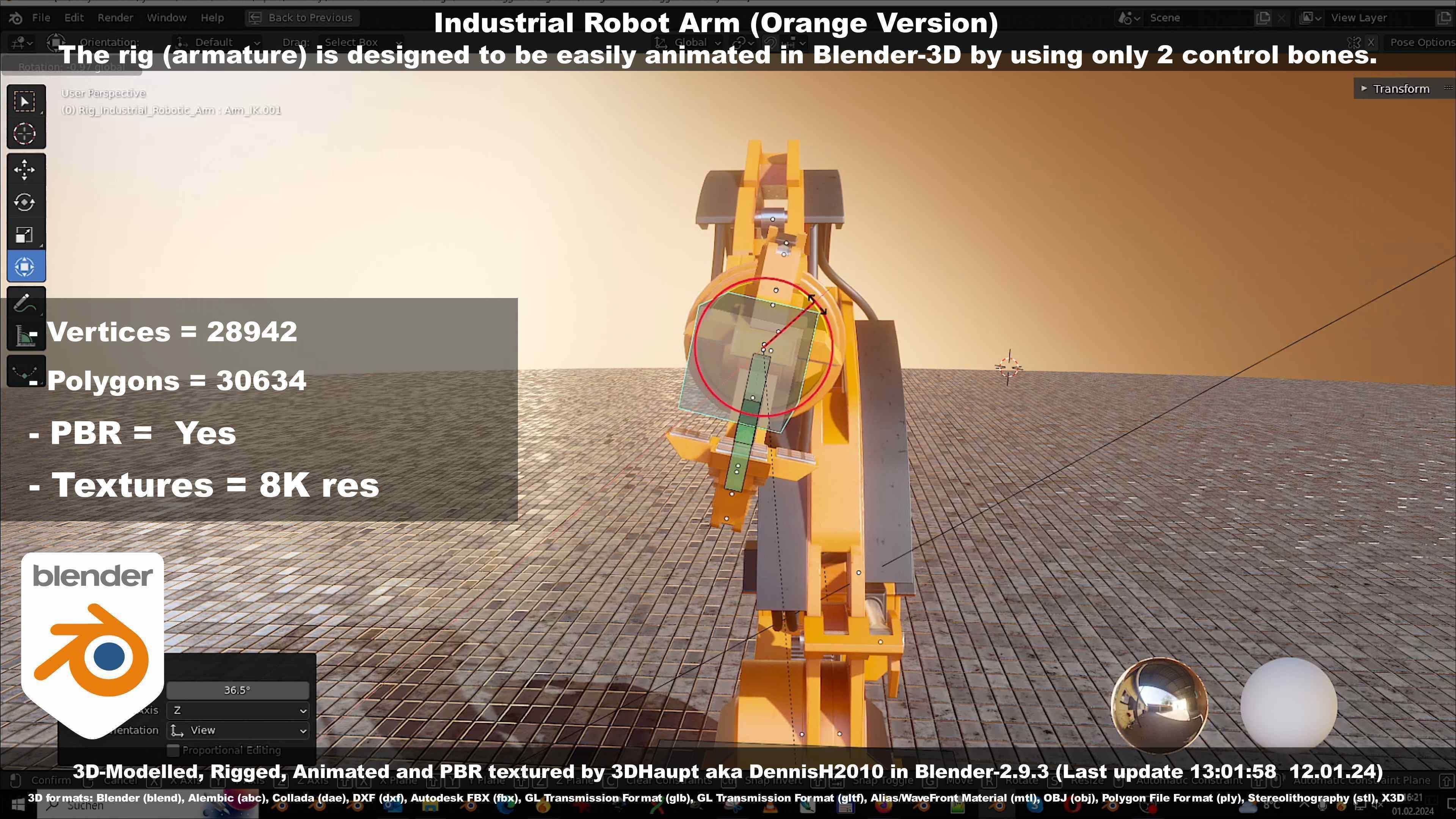 Rigged Industrial Robot Arm Orange Version Low-poly 3D model_89