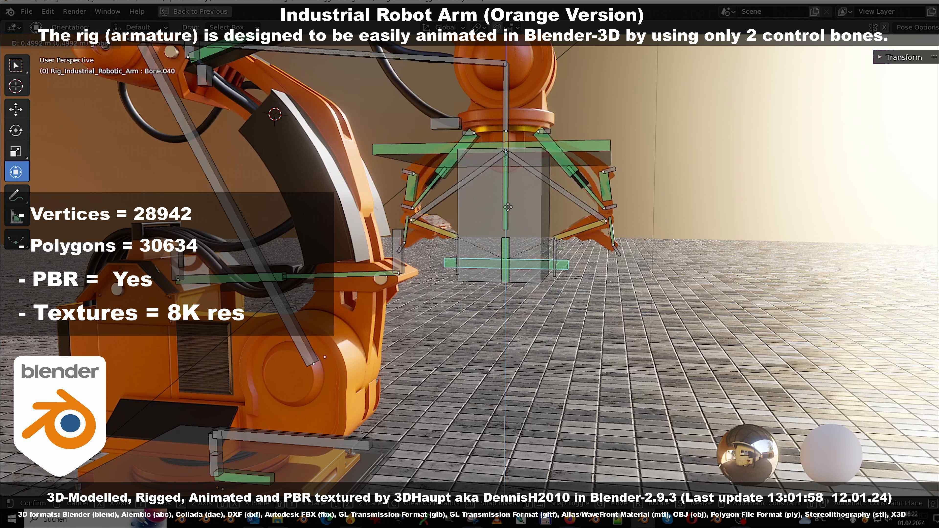Rigged Industrial Robot Arm Orange Version Low-poly 3D model_79