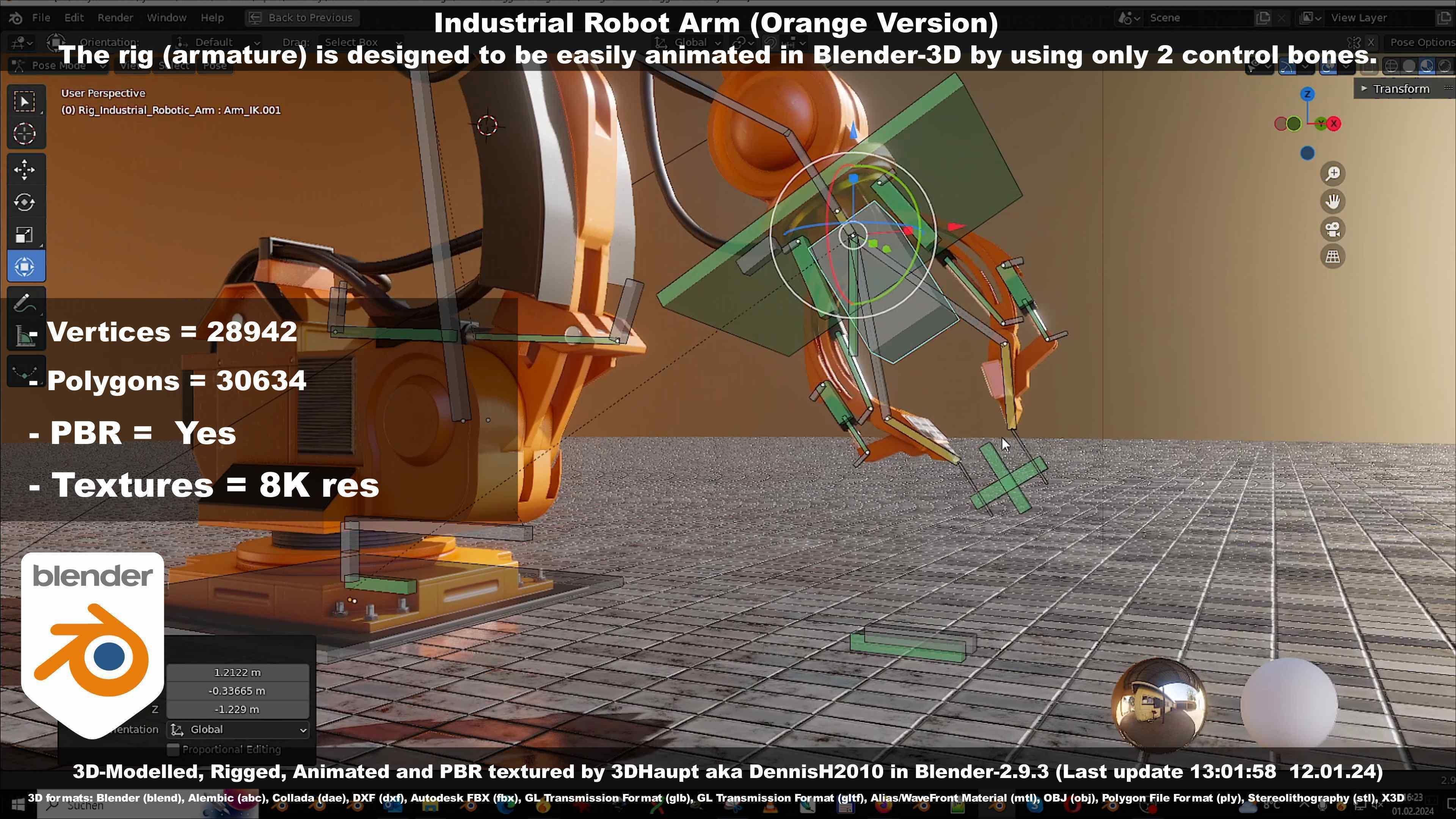 Rigged Industrial Robot Arm Orange Version Low-poly 3D model_50