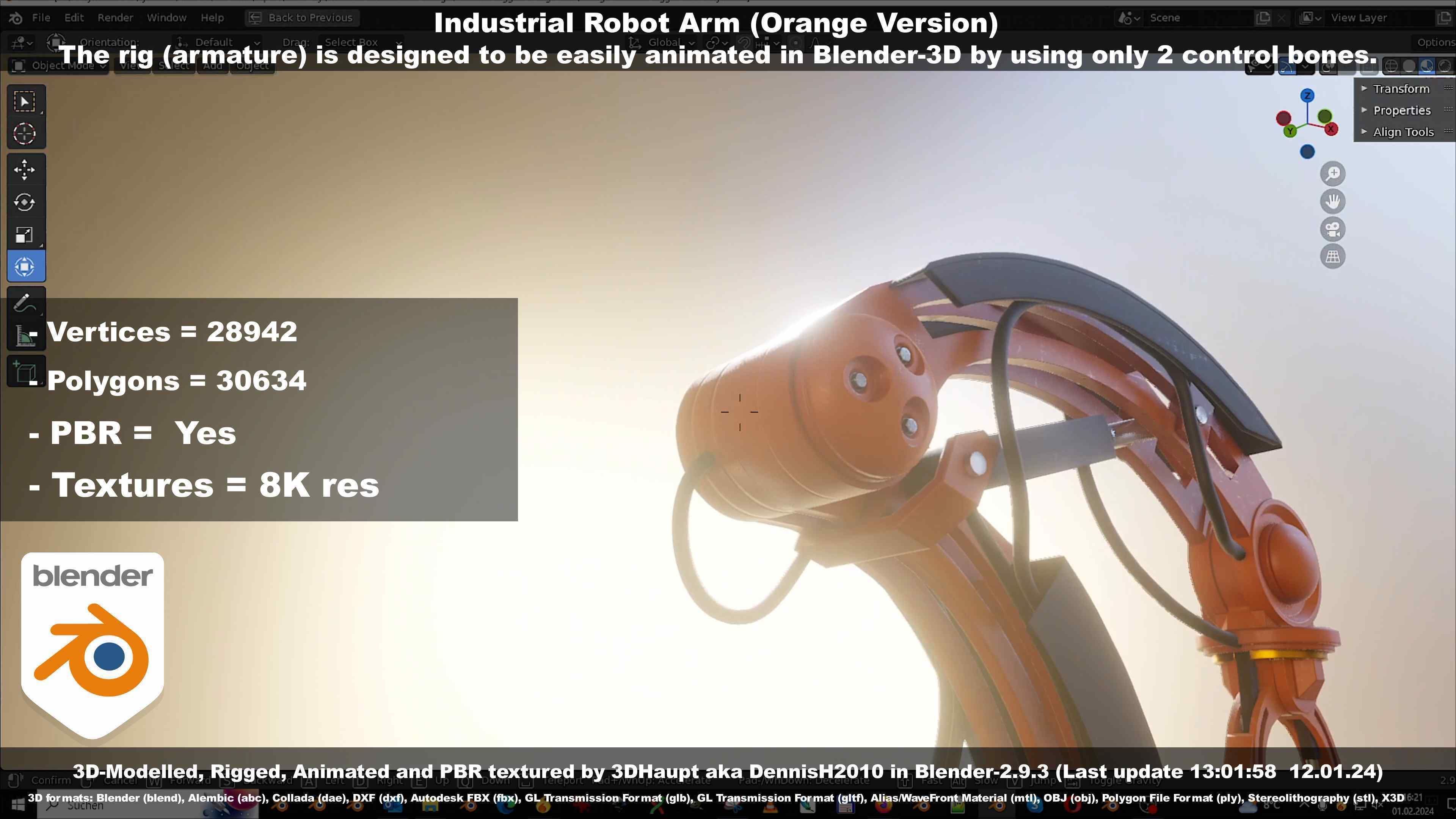 Rigged Industrial Robot Arm Orange Version Low-poly 3D model_136