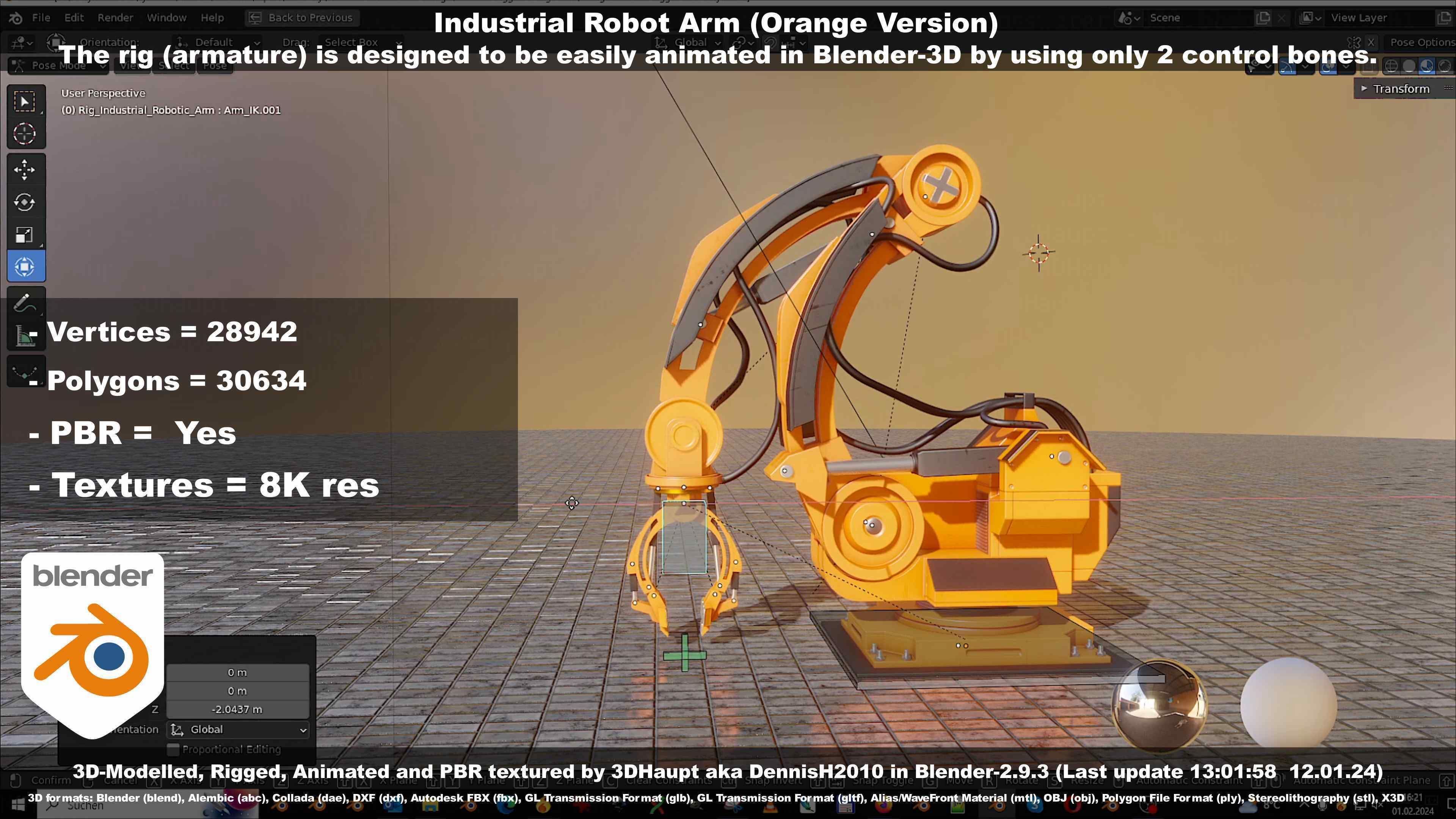 Rigged Industrial Robot Arm Orange Version Low-poly 3D model_68