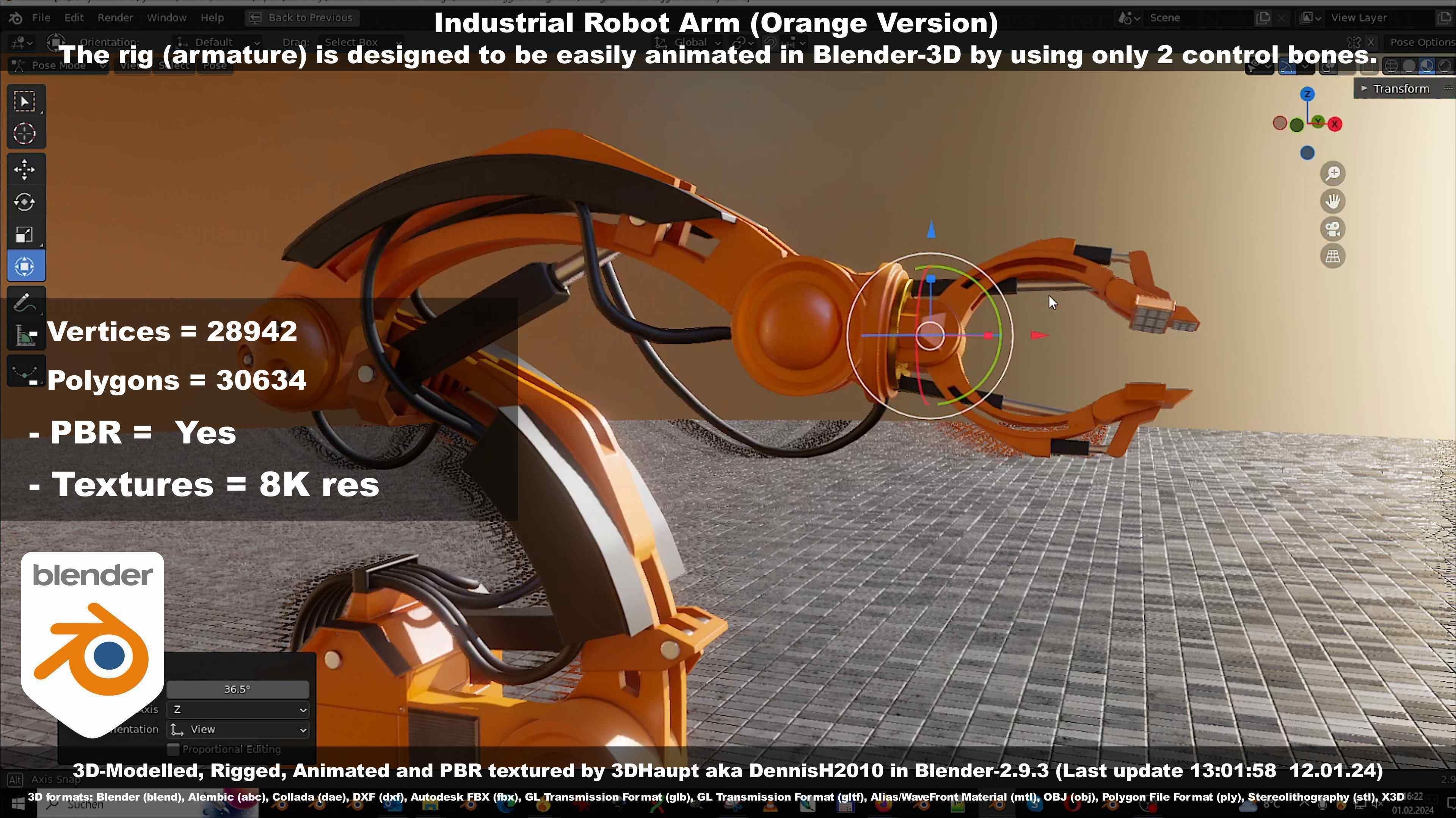 Rigged Industrial Robot Arm Orange Version Low-poly 3D model_45