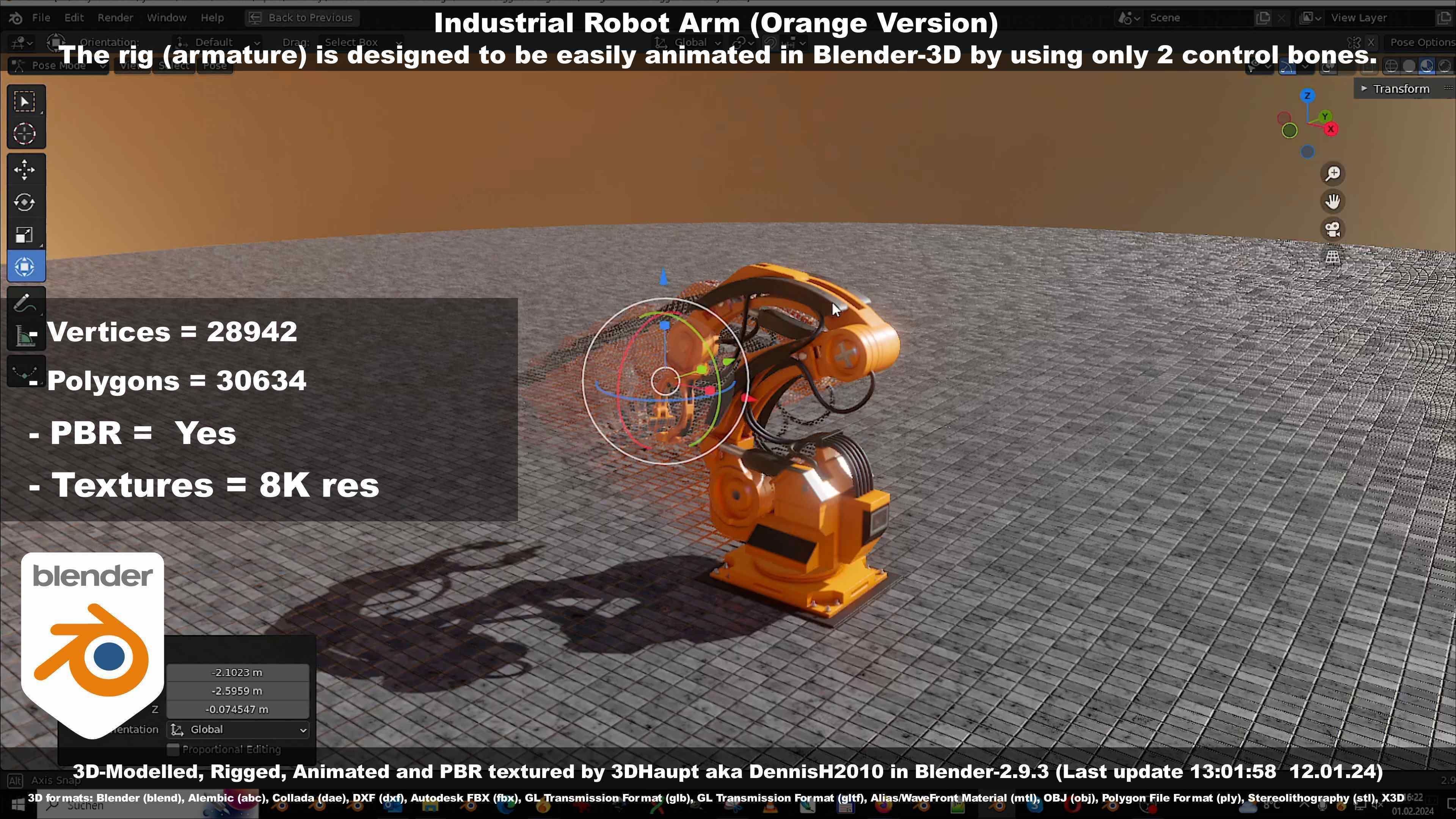 Rigged Industrial Robot Arm Orange Version Low-poly 3D model_98