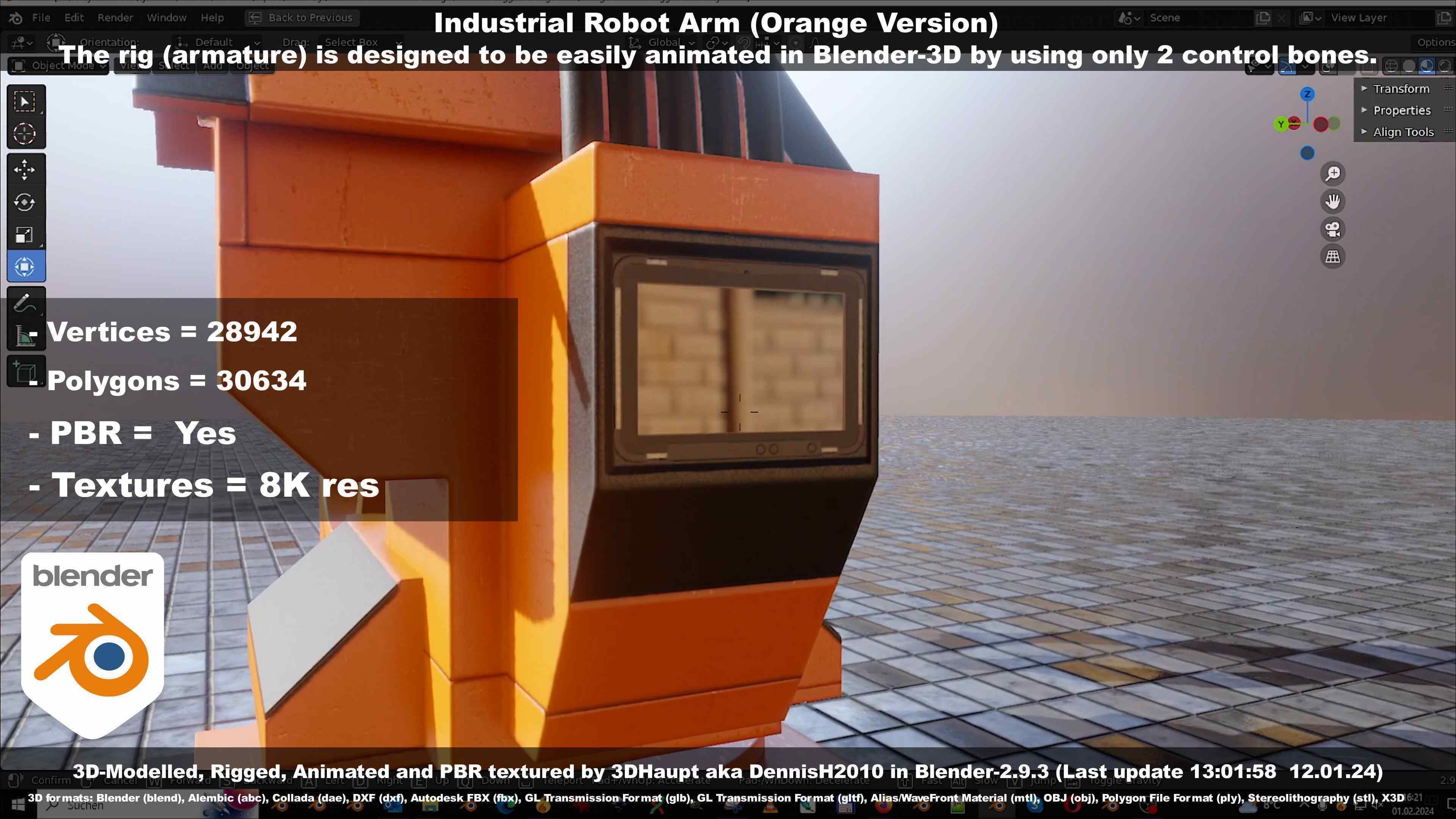 Rigged Industrial Robot Arm Orange Version Low-poly 3D model_114