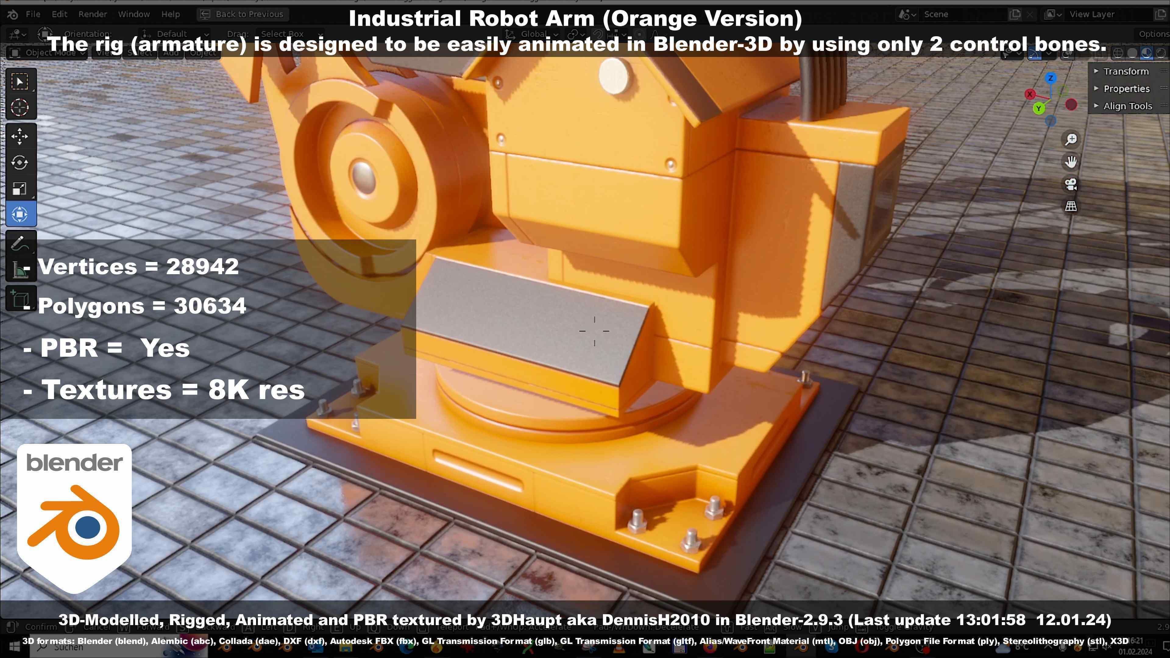 Rigged Industrial Robot Arm Orange Version Low-poly 3D model_139