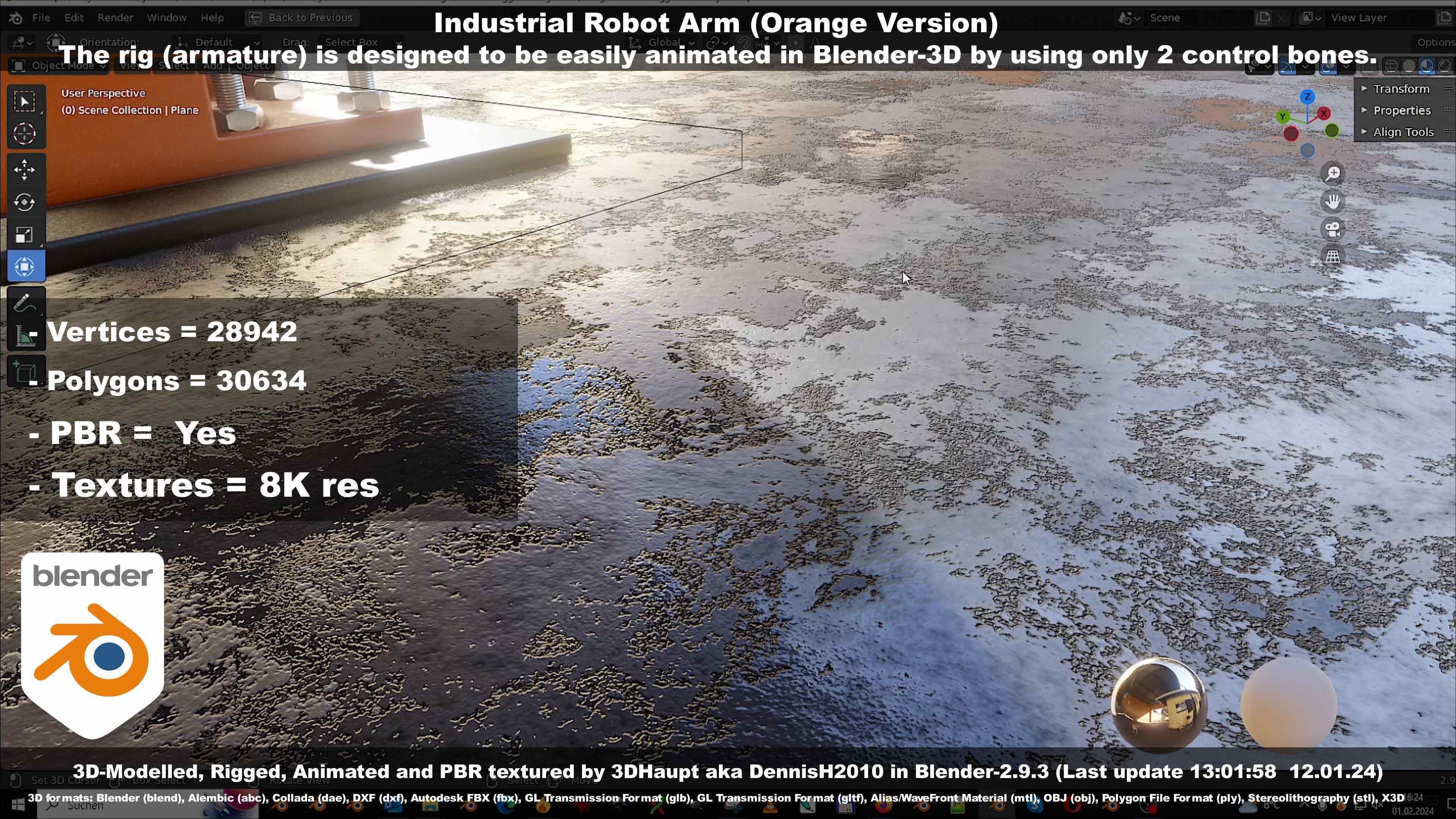 Rigged Industrial Robot Arm Orange Version Low-poly 3D model_126