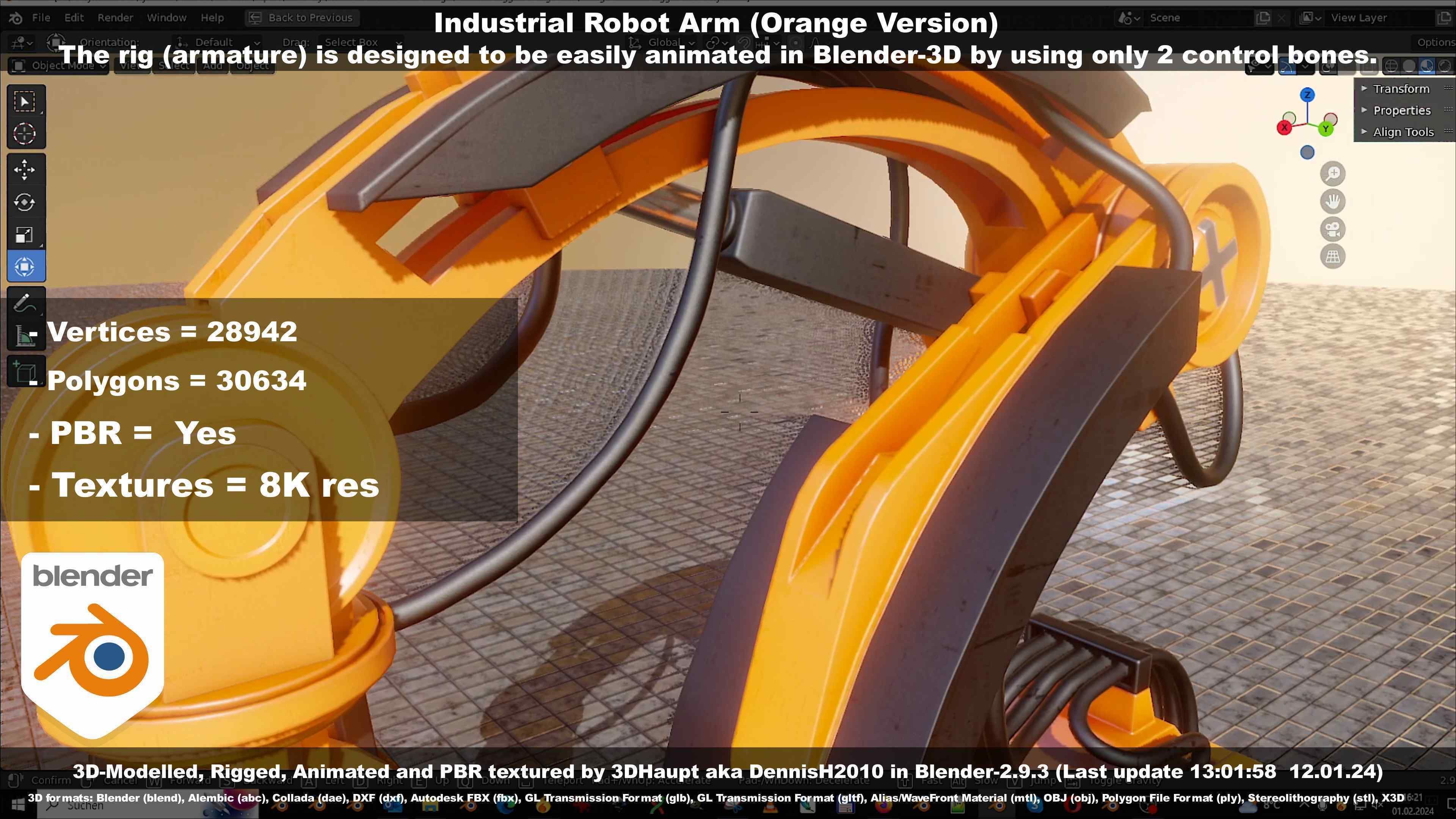 Rigged Industrial Robot Arm Orange Version Low-poly 3D model_140
