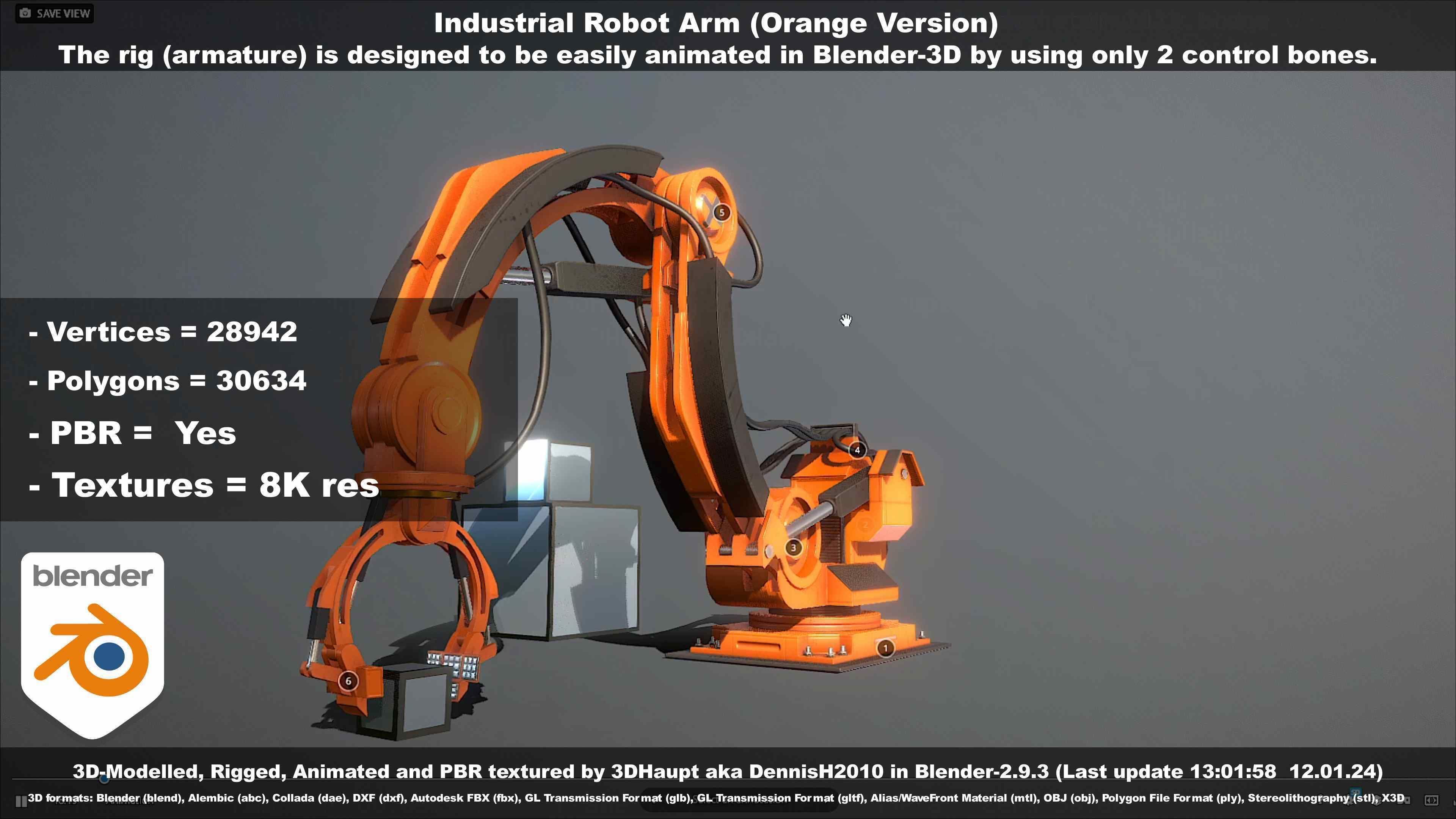 Rigged Industrial Robot Arm Orange Version Low-poly 3D model_63